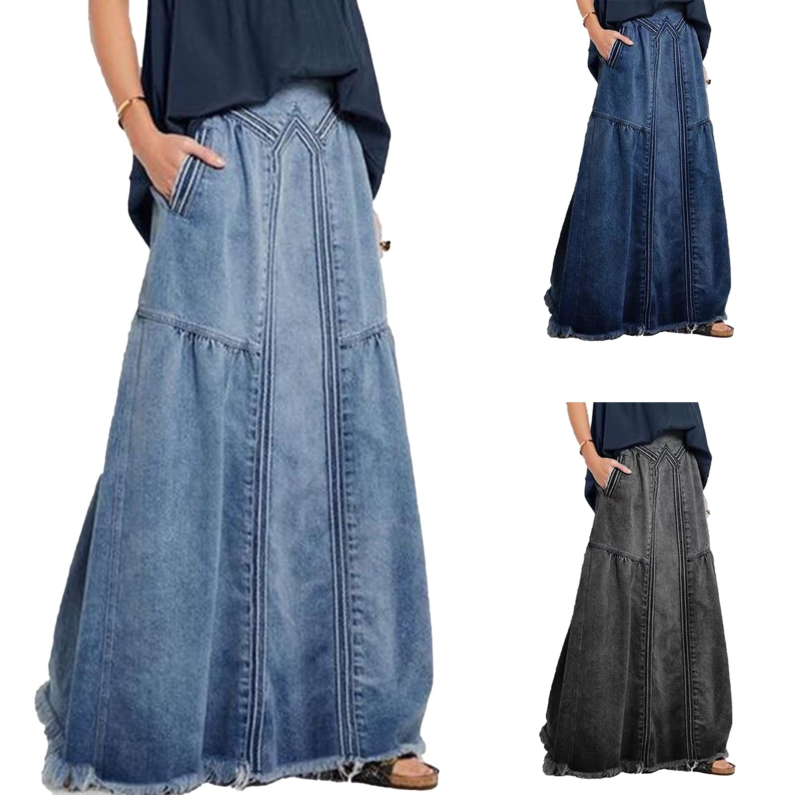 Falda de mezclilla de las mujeres suelta falda de señora de color sólido cintura elástica rasgada retro falda de verano ropa diaria azul claro M