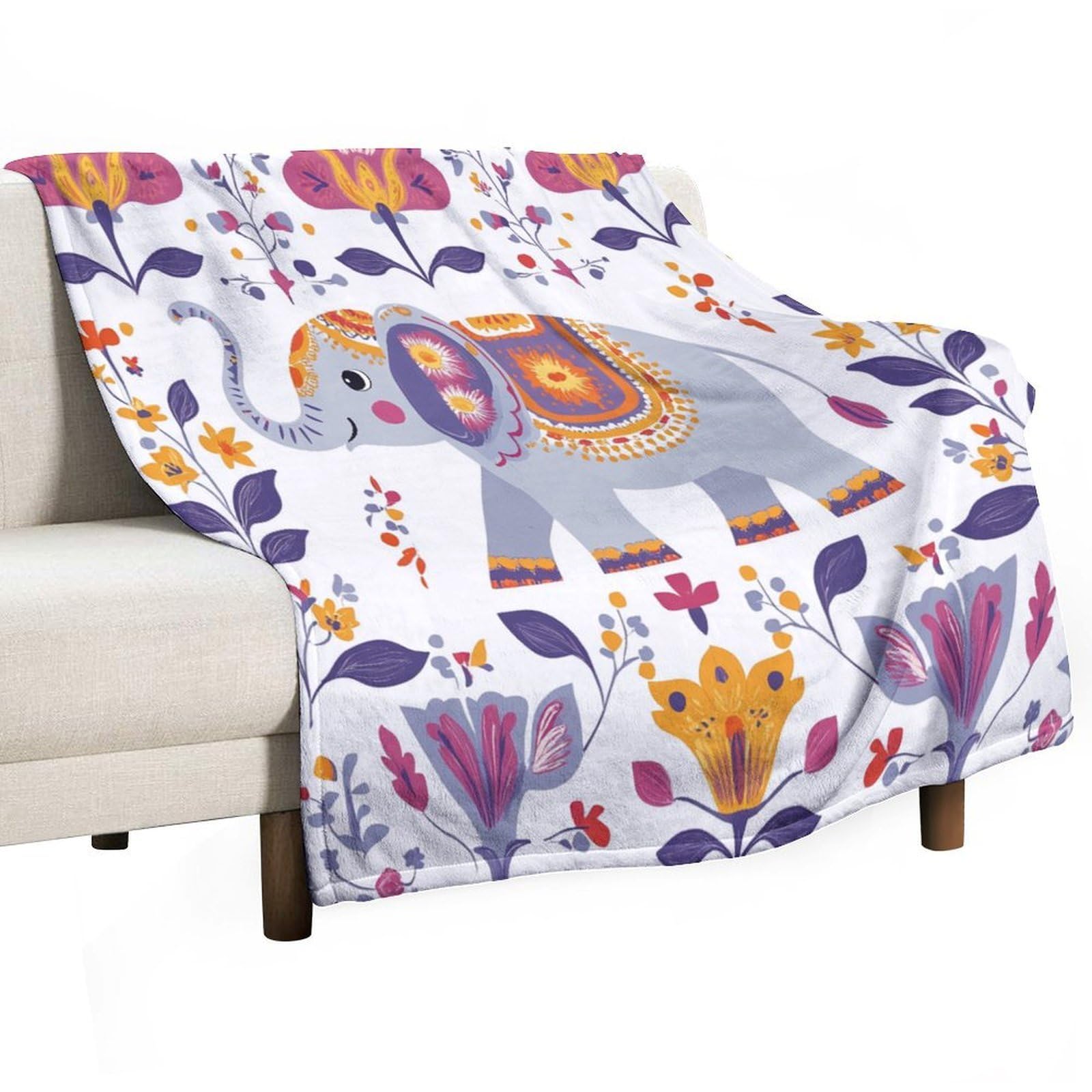 Couverture motif éléphant en flanelle douce idée cadeau plaid floral