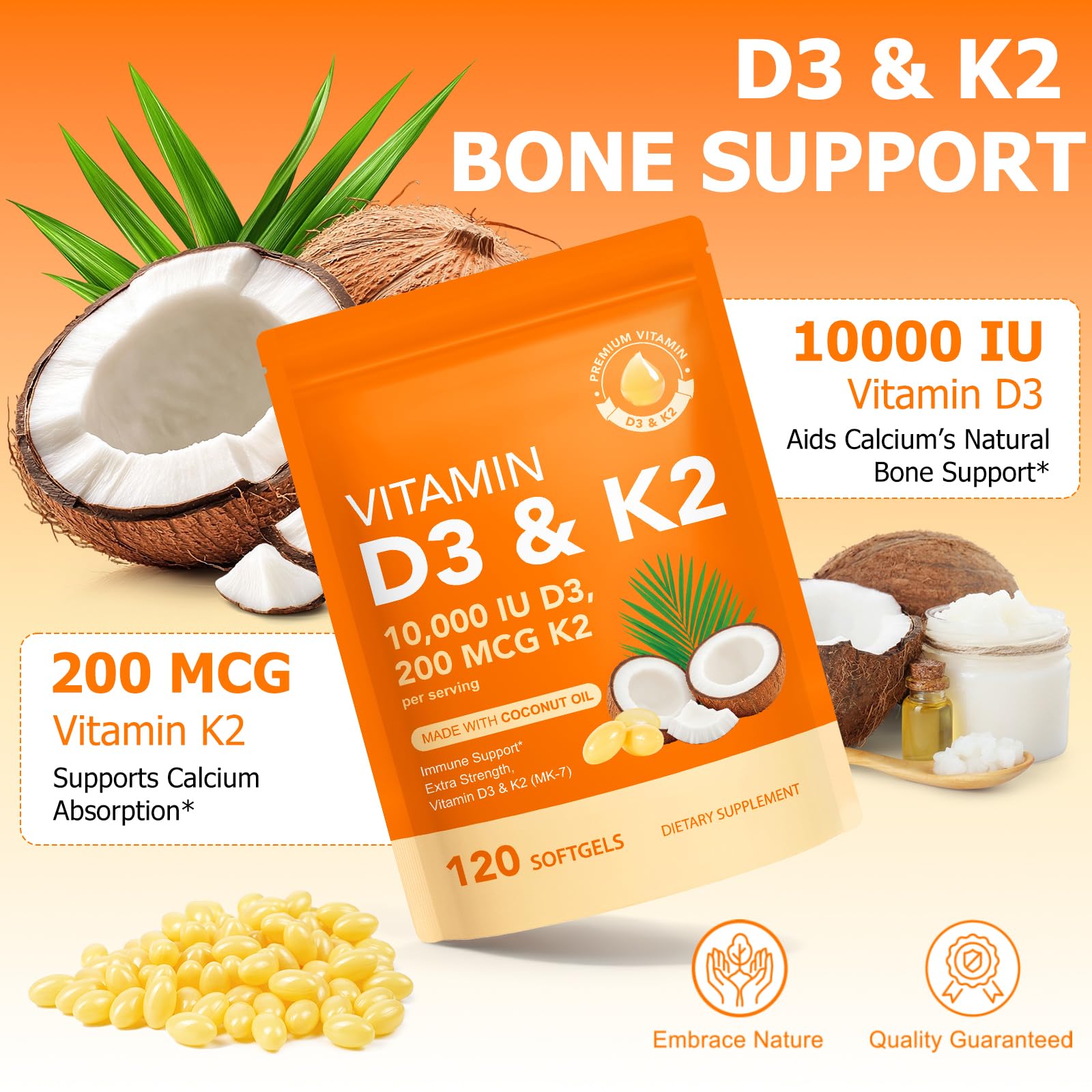 Vitamin D3 K2 with Coconut Oil - Vegan Vitamin D3 10000iu & Mk7 Vitamin K2 200mcg for Bone & Immune Support - Non-GMO, Soy Free - 120 Softgels