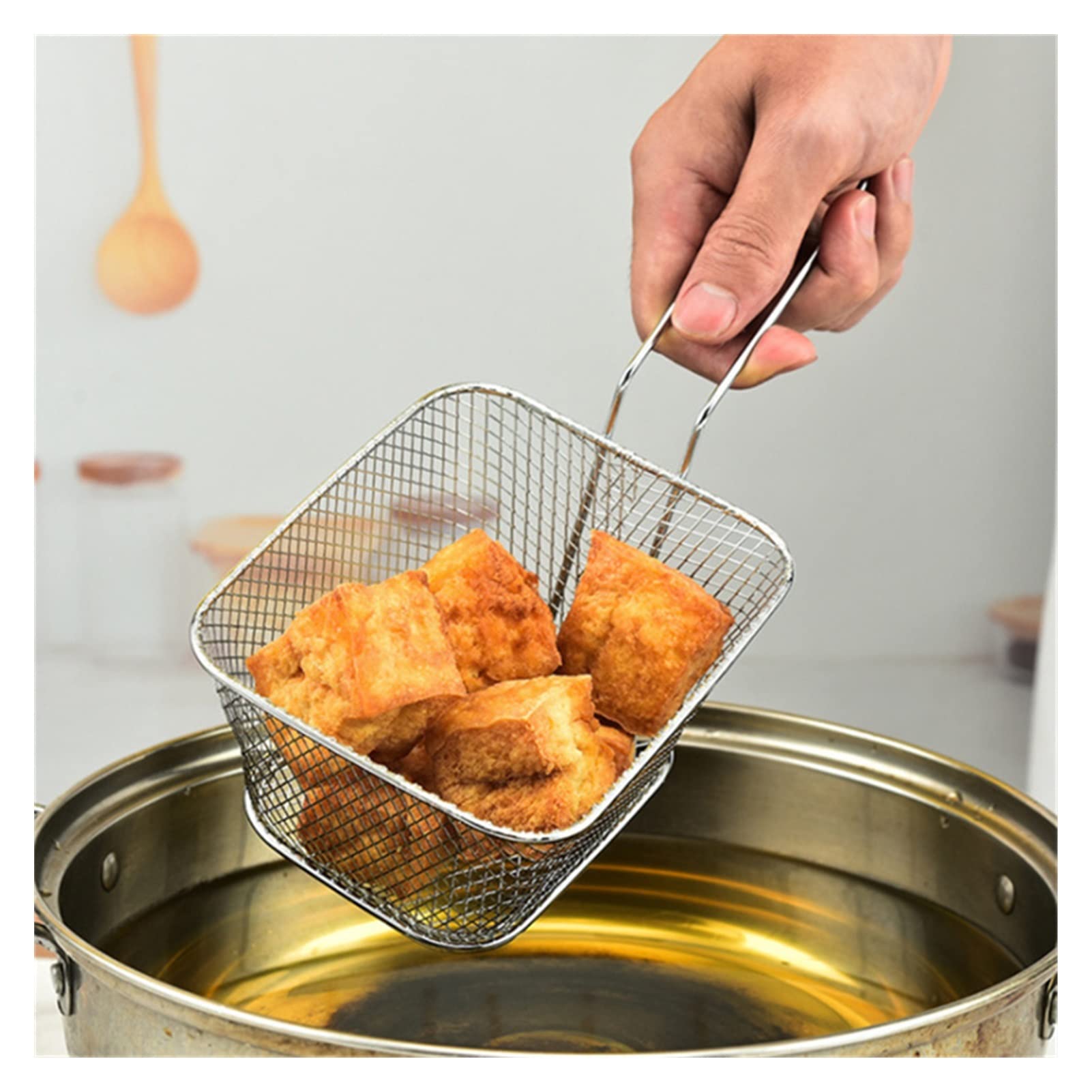 Grande cestello per friggere in Acciaio Inox - Scolapasta per Patatine Fritte, straccetti di Pollo e Patate - Cestello a Rete per la Cottura Croccante in Cucina - Soluzione di conservazione