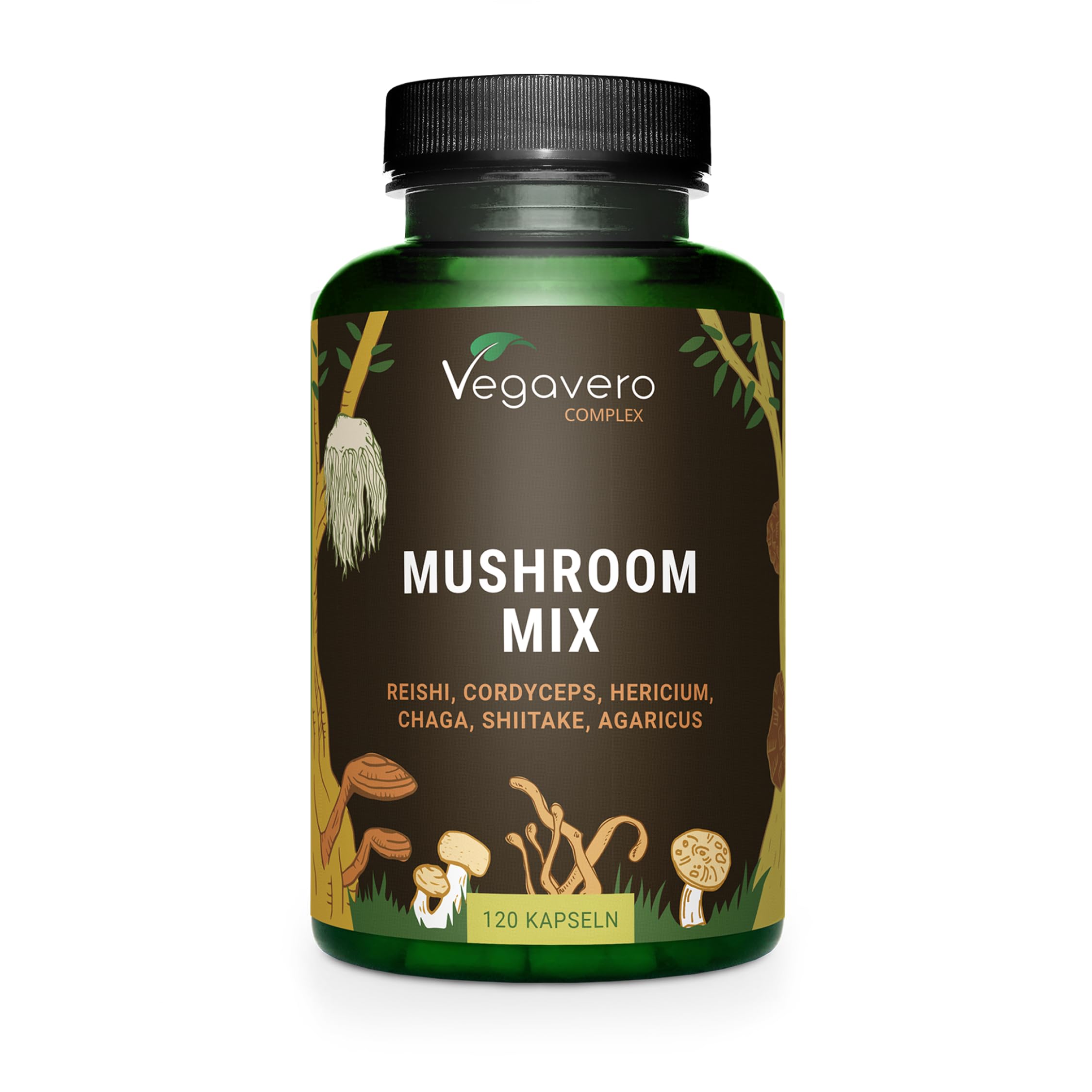 Complexe Champignons 2000 mg | UNIQUE : Extraits Puissants | Hericium, Reishi, Cordyceps CS-4, Shiitake, Chaga, Agaricus | Système Immunitaire | 120 Gélules | Vegan | Vegavero®