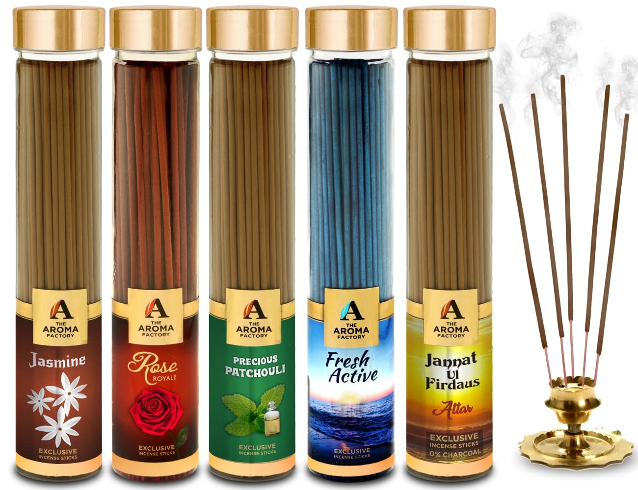 The Aroma FactoryOrganic Jasmine,Rose,Patchouli,Fresh Active & Attar Jannat Agarbatti for Pooja, No Charcoal Incense Sticks, (Bottle Pack of 5 x100g)