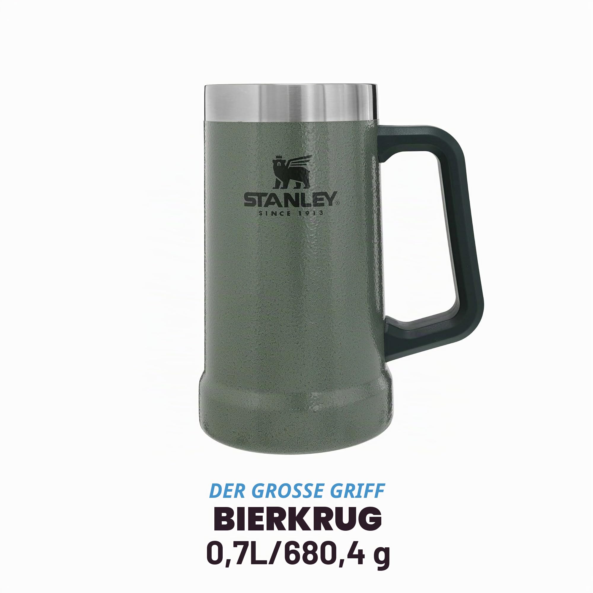STANLEY 1913 Adventure Vacuum Stein 709 ml - Thermobecher Mit Henkel Hält Bier Für 7 Stunden Kalt - Vintage-Inspirierte Thermo Bierkrug - Spülmaschinenfest - Hammertone Green | 7 Std. kalt - Mit Henkel - Edelstahl - Spülmaschinenfest