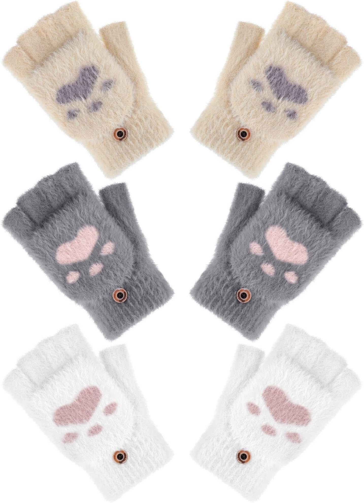 Winter Fingerless Gloves, 3 Pairs Kawaii Cat Paws Cosplay Faux Fur Plush Cat & Lion Paws, Warm Fleece Lined Knit Gloves With Elastic Cuff