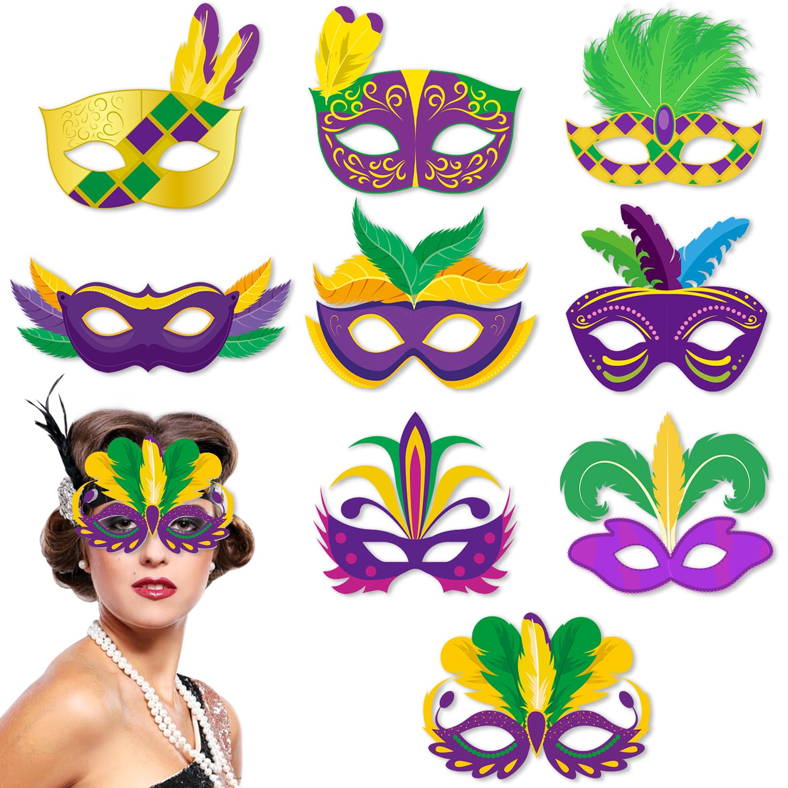 9 Pack Mardi Gras Paper Masks Carnival Parade Face Masks Colorful Cardboard Masks for Mardi Gras Costume Dress Up Accessories Mardi Gras Photo Props for Women Girls Masquerade Party Favor Supplies