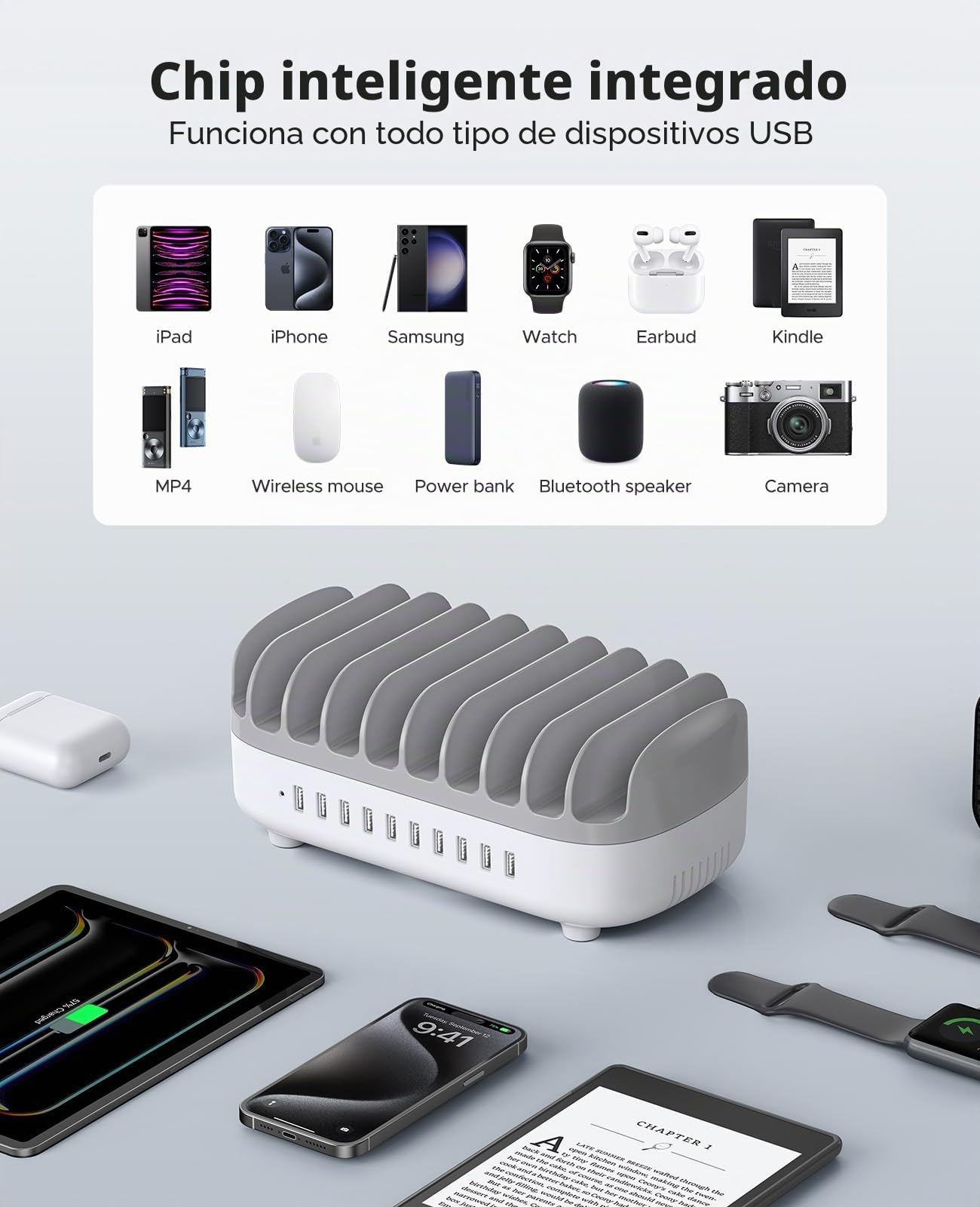 ORICO Estación de Carga 120W, 10 Puertos USB con 10 Cables, Blanco