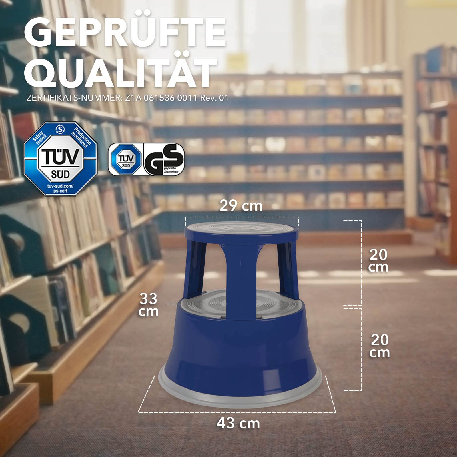Floordirekt Sgabello a rotelle, poggiapiedi, elefante, in acciaio fino a 150 kg, per ufficio o commerciale, certificato TÜV + GS (blu, metallo)
