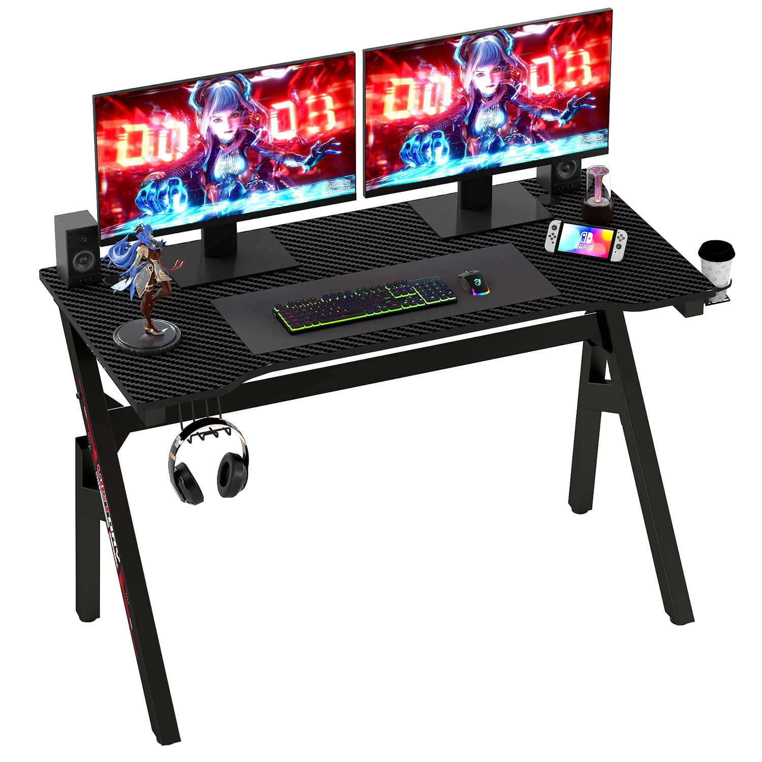 BestOffice | 47" Gaming Desk | Black & Red | Carbon Fiber Textured Computer Desk | Sturdy Steel Frame,Cup Holder, Headphone Hook, Cable Management