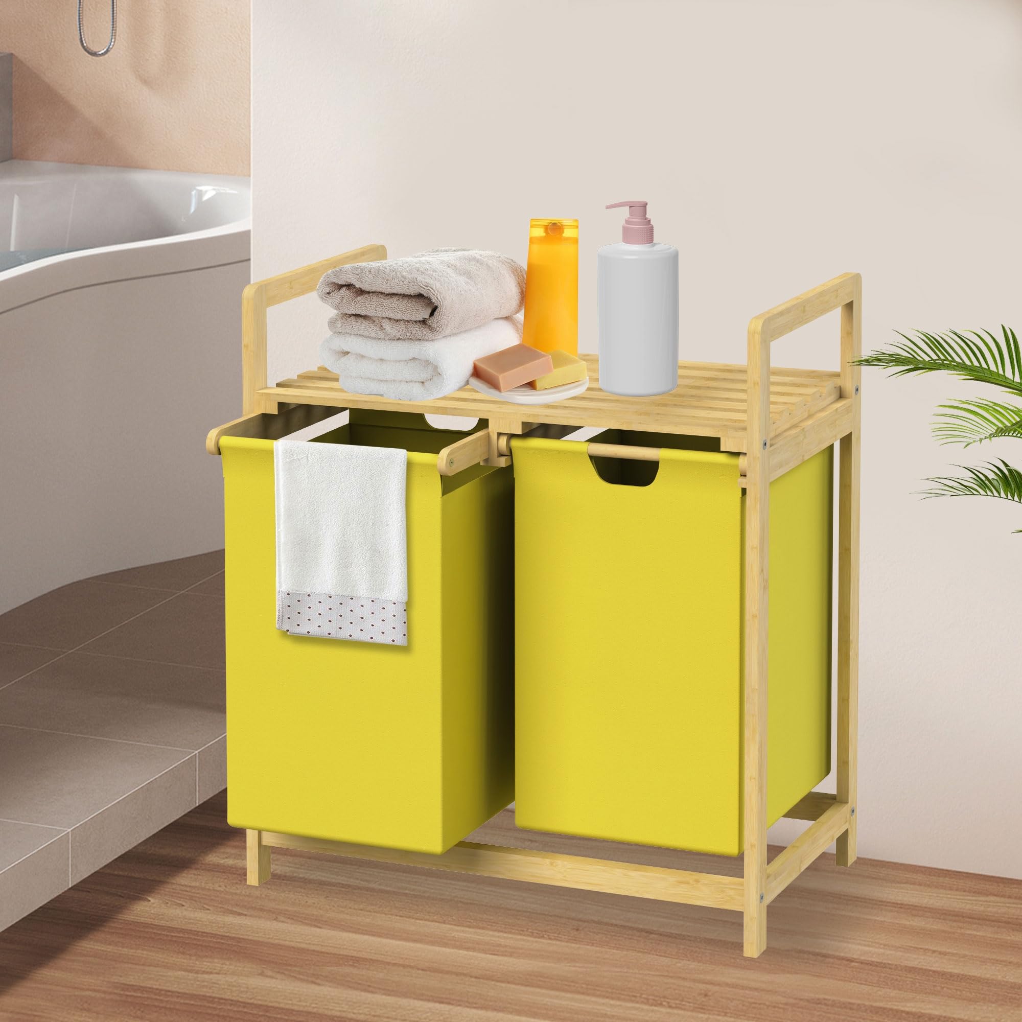 ML-Design Cesto Portabiancheria con Struttura in Bambù e 2 Scomparti 2x30L Mobile Portabiancheria Giallo con Maniglie e Ripiano, Raccoglitore adatto per il Bagno o Sacchi Estraibili, 63 x 33 x 73 cm