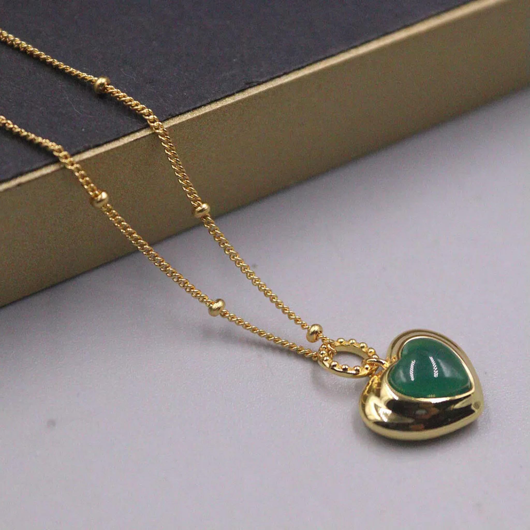 Collier en Argent véritable S925 avec Pendentif en Forme de cœur en Agate Verte