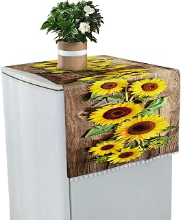 Fridge Dust Cover Washer And Dryer Top Cover Refrigerator Dust Proof Cover with Storage Pockets 55x130cm/22x51Inch Sunflower Wood Background