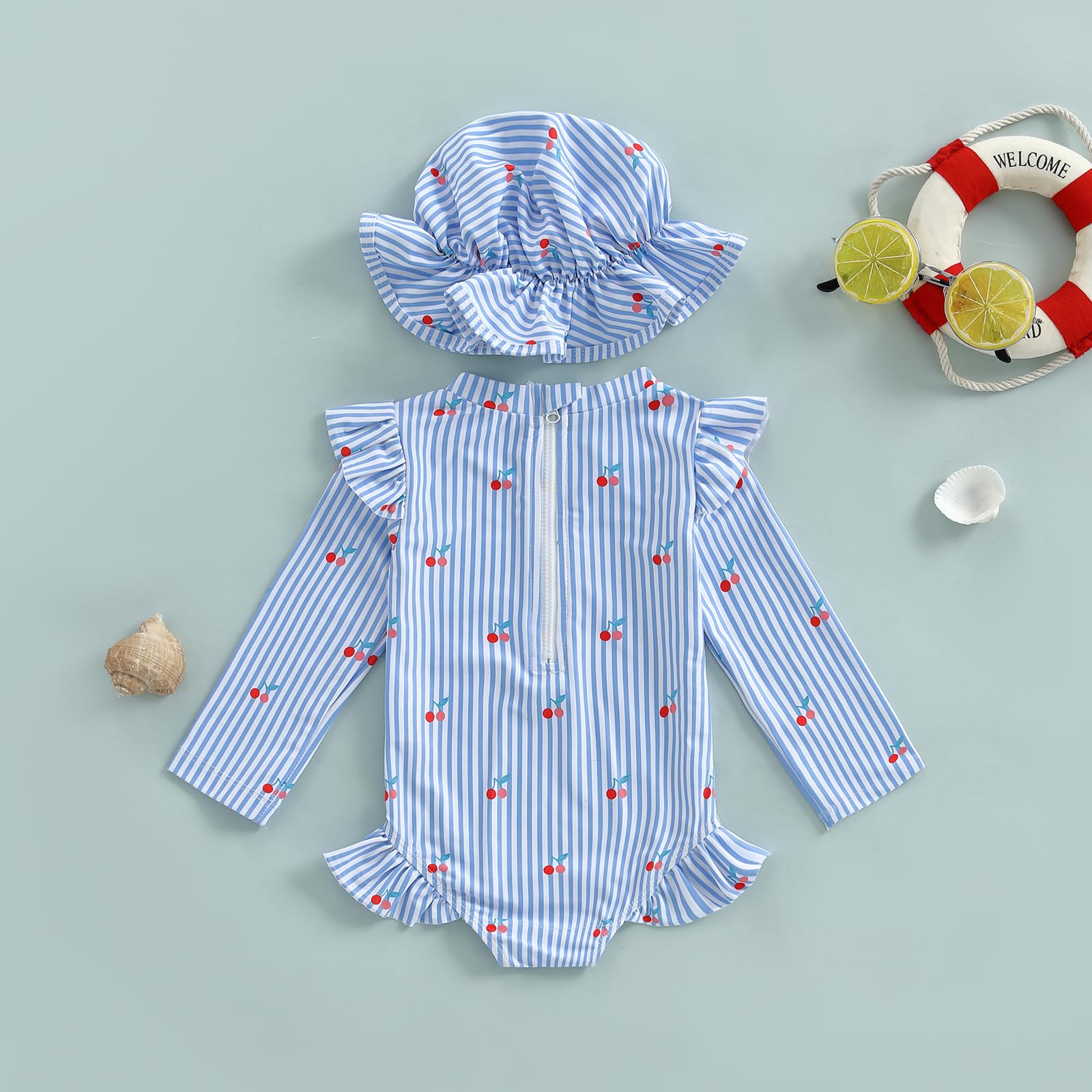 Maillot de Bain 2Pcs Bébé Fille Imprimé Ensemble Maillots de Bain à Manches Longues Mailllots Une Pièce avec Chapeau Tenue Maillots 3 Mois-3 Ans