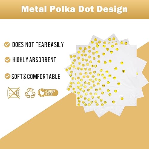 Miniatura 4 de White and Gold Paper Plates and Napkins-25 x 7'' Dessert Plates & 25 x 6.5'' Napkins,Disposable Gold Foil Polka Dots Paper Plates for