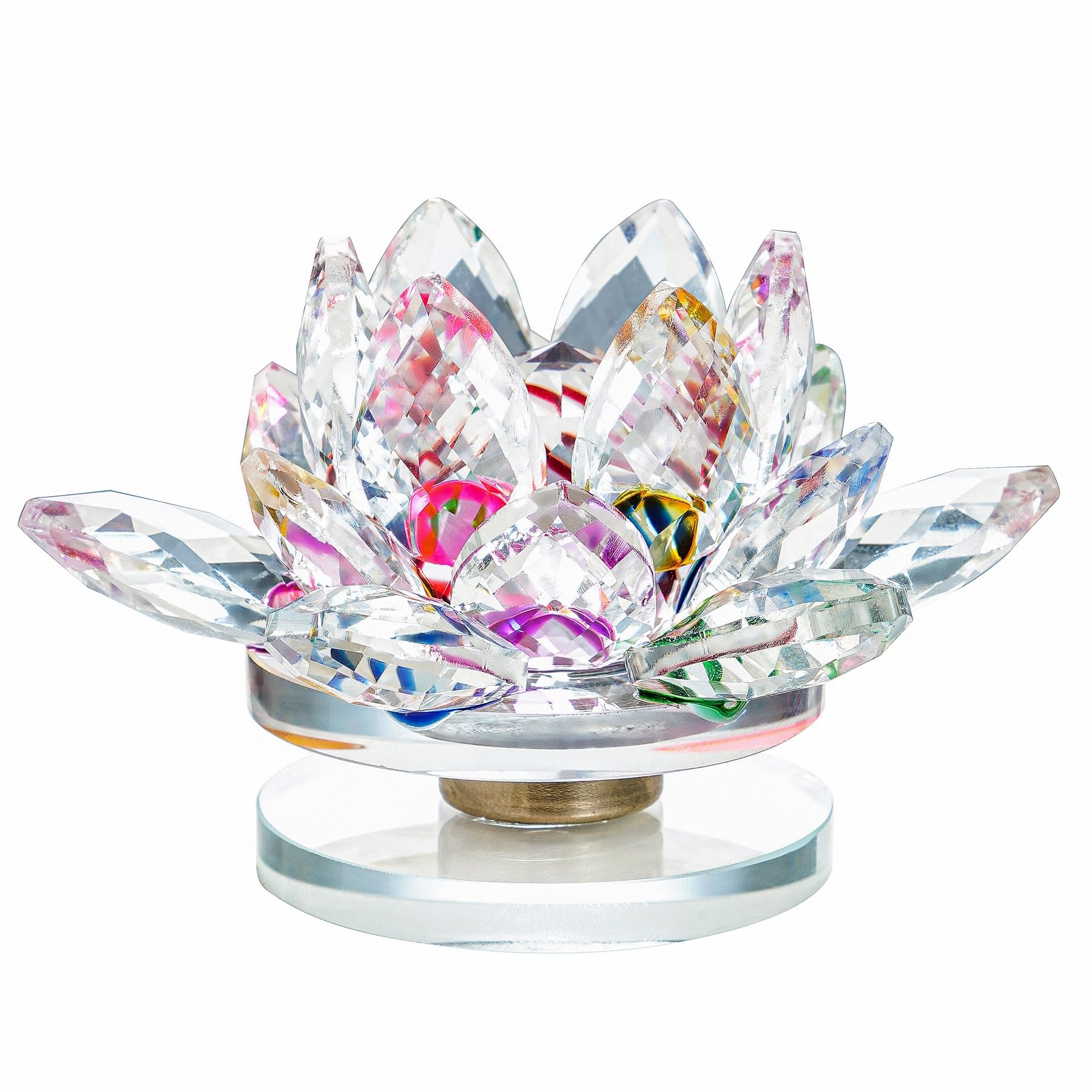 Rotating Crystal Lotus Flower - Hue Reflection Clear Crystal Lotus for Home Decor Lucky Feng Shui Paper Weight Table Ornaments Crystal Figirune with Gift Box (7 color, 3.3 inches)