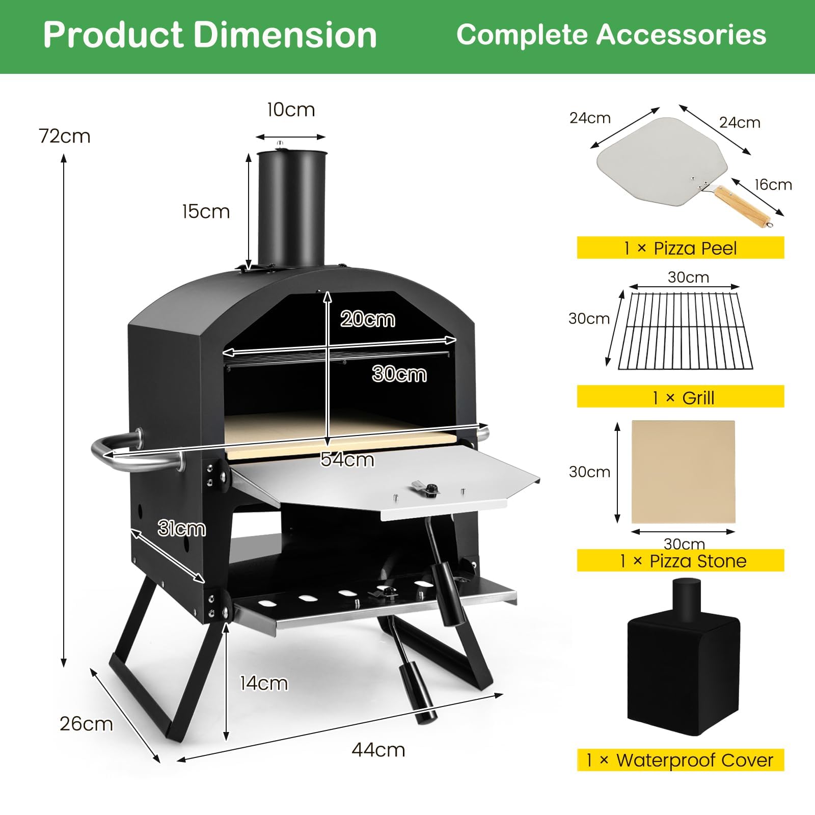 KOMFOTTEU Pizza Offen Outdoor, Pizzaofen 600℃, Tragbarer Holzofen aus Edelstahl, Pizza Backofen 2 Stufen für Garten, Mini oven mit Pizzastein Pizzaschaufel Grillrost wasserdichter Deckel