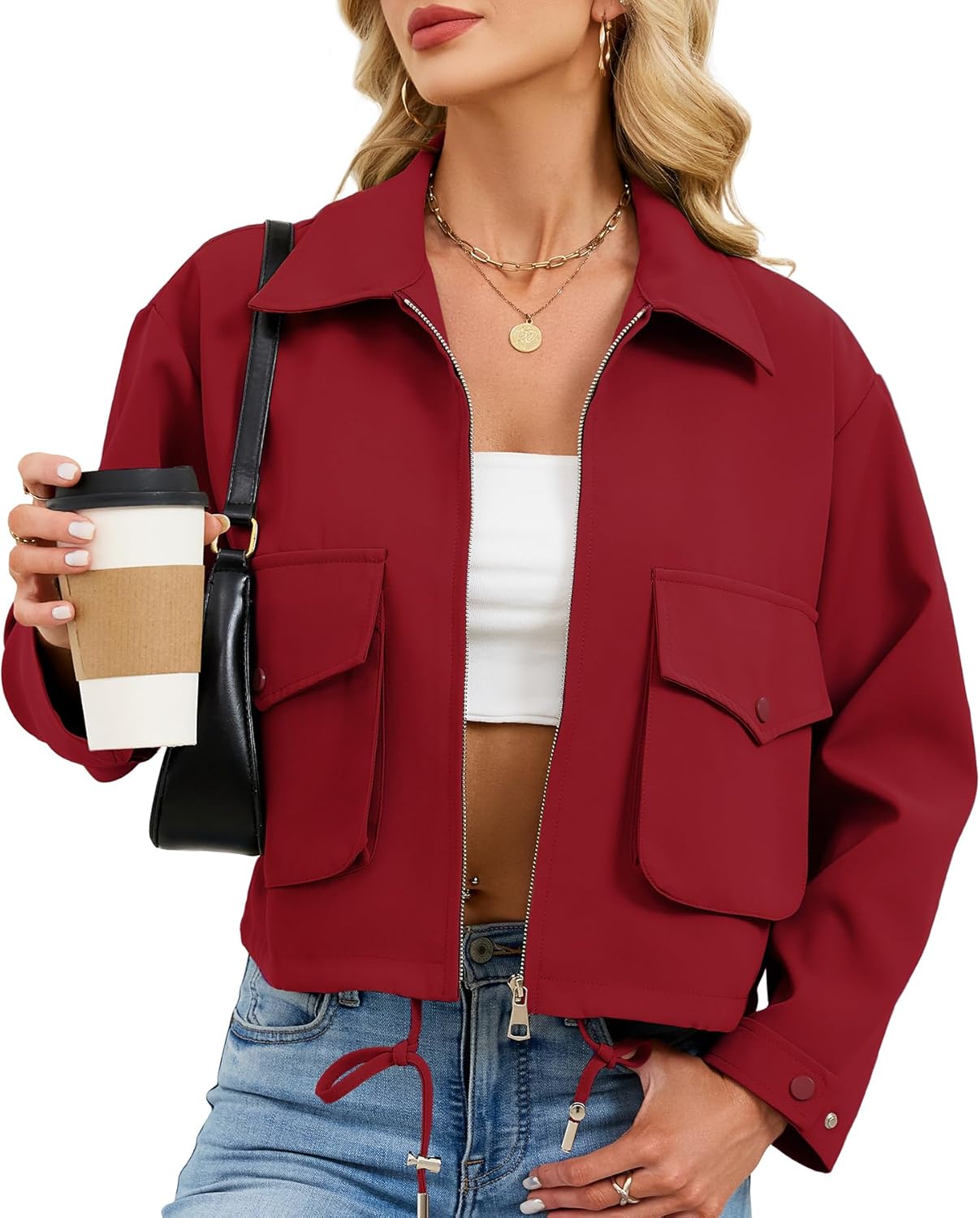 Zando Lightweight Bomber Jacket Women 2026 - Casual Cropped jacket women Long Sleeve Zip Up Short Utility Coat with Pockets