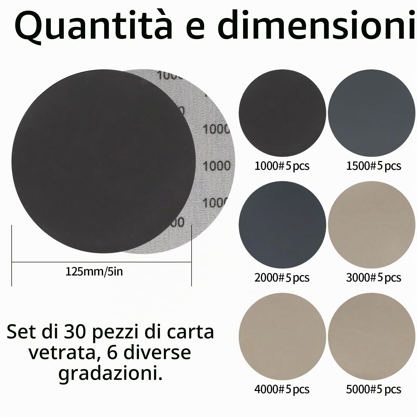 30 Pezzi Carta Vetrata, 125 mm Dischi Abrasivi Rotondi, Tamponi per Levigatrice Orbitale Bagnati e Asciutti, Carta Abrasiva per Legno Metallico - Grana 1000/1500/2000/3000/4000/5000
