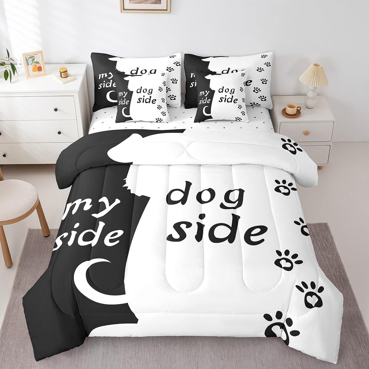 7 Piece Dog Side My Side Bed in a Bag Queen Size for Boys Girls Kids Cute Dog Print Bedding Sets Dog Paw Print Comforter Set with Sheets Lovely Pet Animal Dog Bed Set for Dog Lovers Sheets