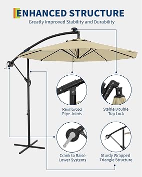 10FT Cantilever Umbrella with Solar Lights, Outdoor Offset Market Umbrella with Infinite Tilt and Cross Base, Outside Patio Umbrellas for Backyard, Lawn, Garden and Pool (Beige)