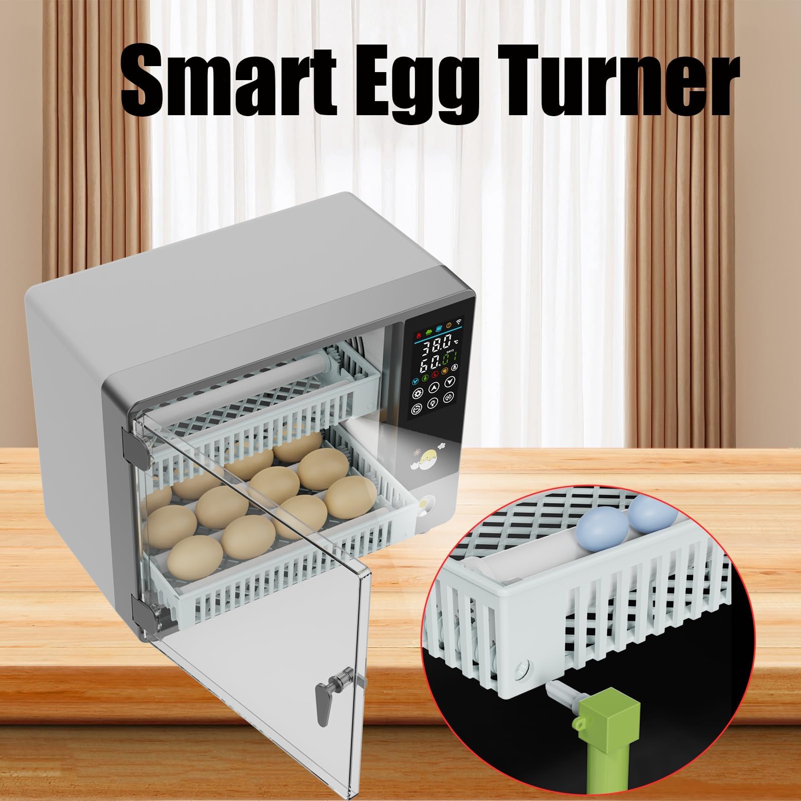 Vollautomatischer Inkubator für 24 Eier mit automatischem Drehen von Eiern und Befeuchtung durch Ultraschallbeströbung, Temperaturregelung, LED-Farbdisplay, Lichtlampe für Ei