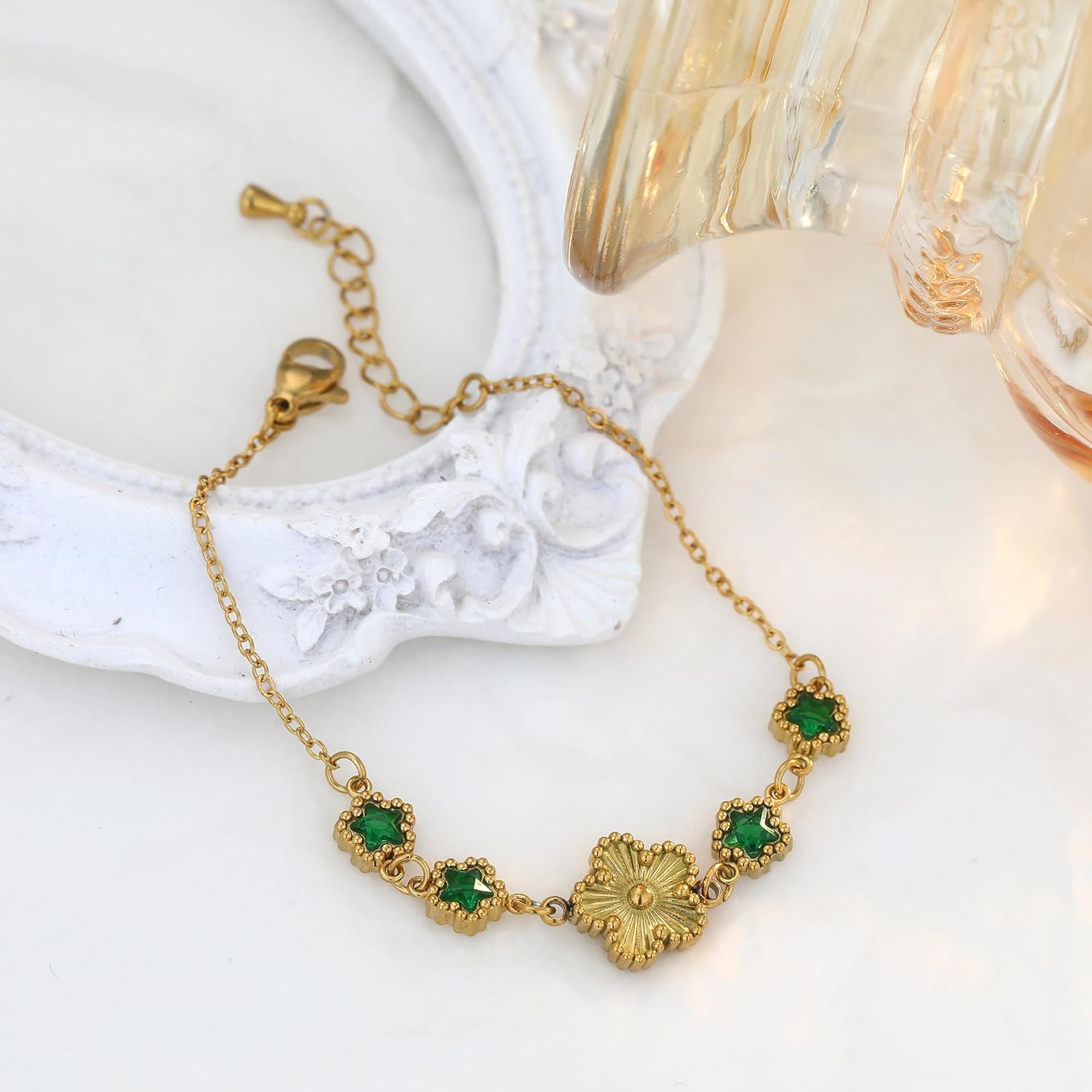 Gold Clover Flower Bracelet for Women Non Tarnish 18K Gold Plated Emerald Green Star Charm Adjustable Link Chain Bracelets Lucky Trendy Jewelry Gifts - Image 6