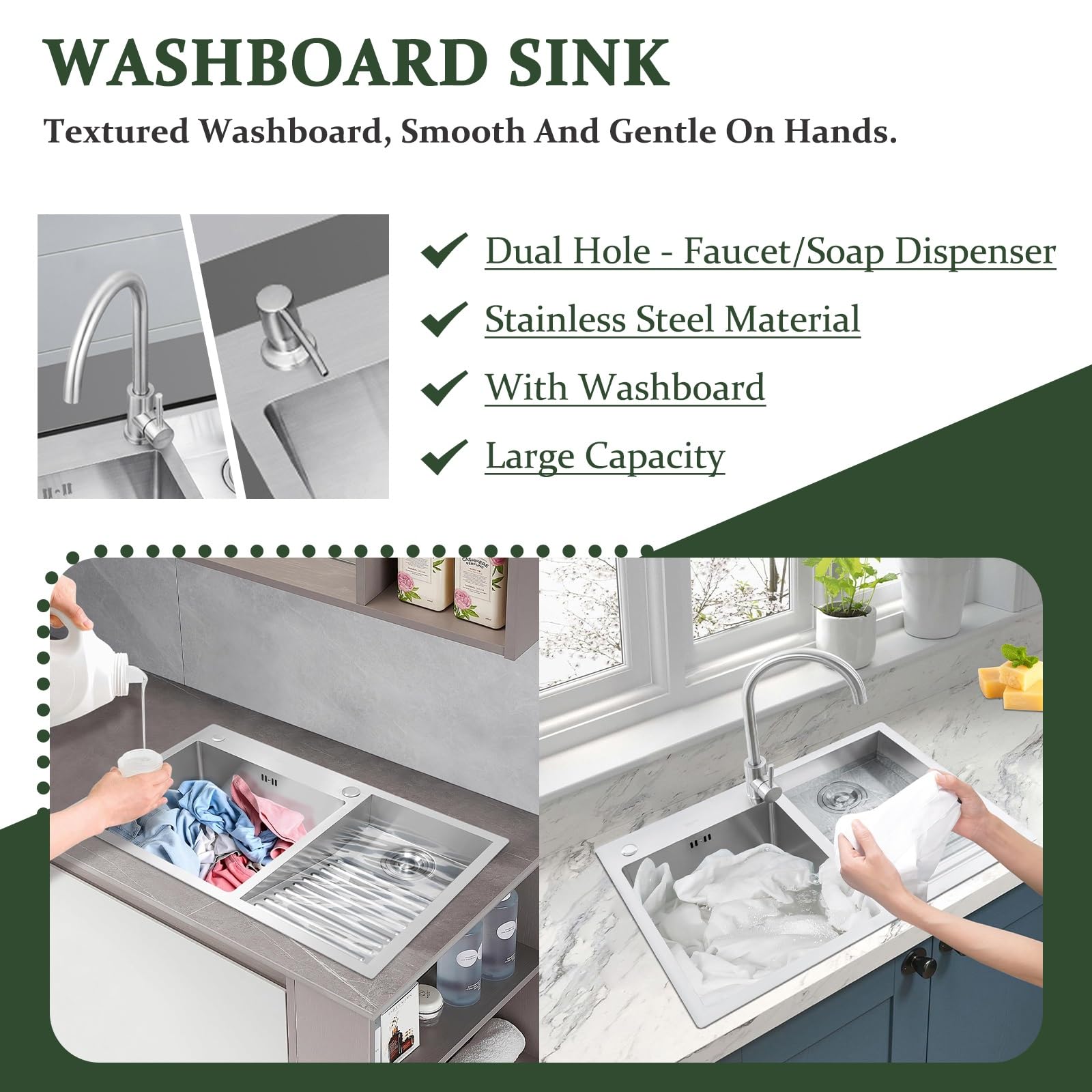 Stainless Steel Laundry Sink With Washboard – Handmade Utility Basin For Laundry Room, Workshop & Garage – Durable Brushed Finish, Deep Basin With Efficient Drainage(Left-a,60cm)