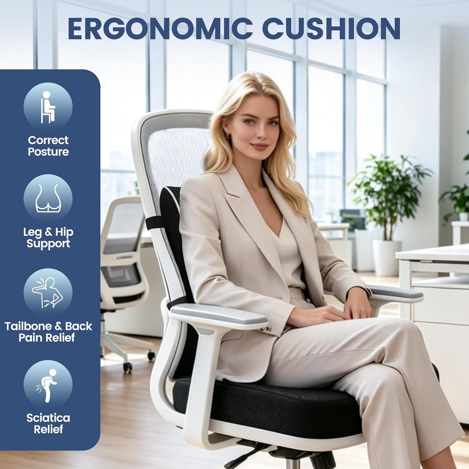 Memory Foam Seat Cushion for Office Chair and Car Seat | Sciatica & Hip & Coccyx Pain Relief Desk Chair Cushion for Long Sitting Office Workers, Car Drivers, Wheelchair, Home