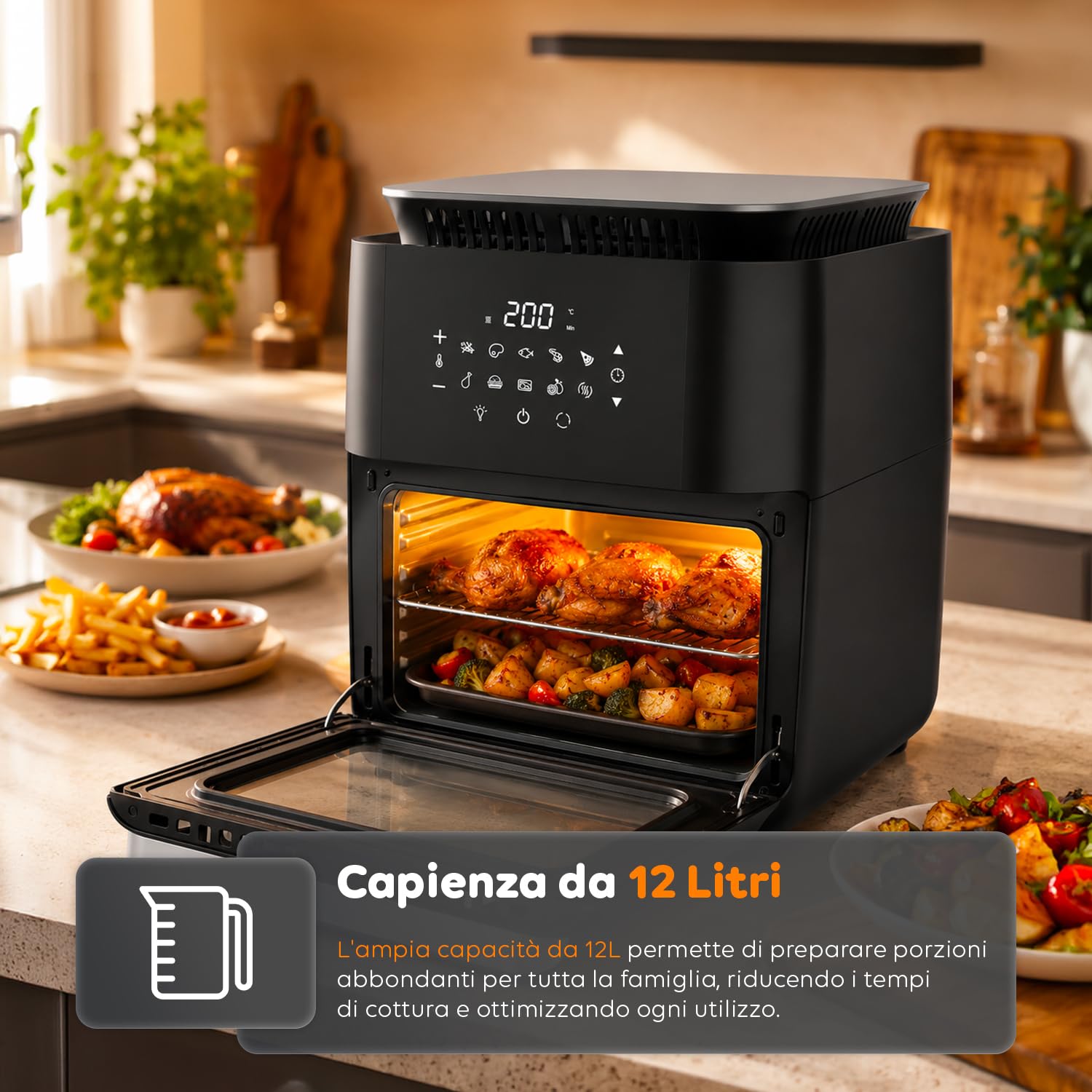 Avilia Friggitrice ad Aria 12 Litri XXL con Display Touch – Airfryer 1800W con 12 Programmi, Cottura 360° e Accessori Inclusi per Piatti Croccanti e Sani Senza Olio – Forno ad Aria per Famiglie