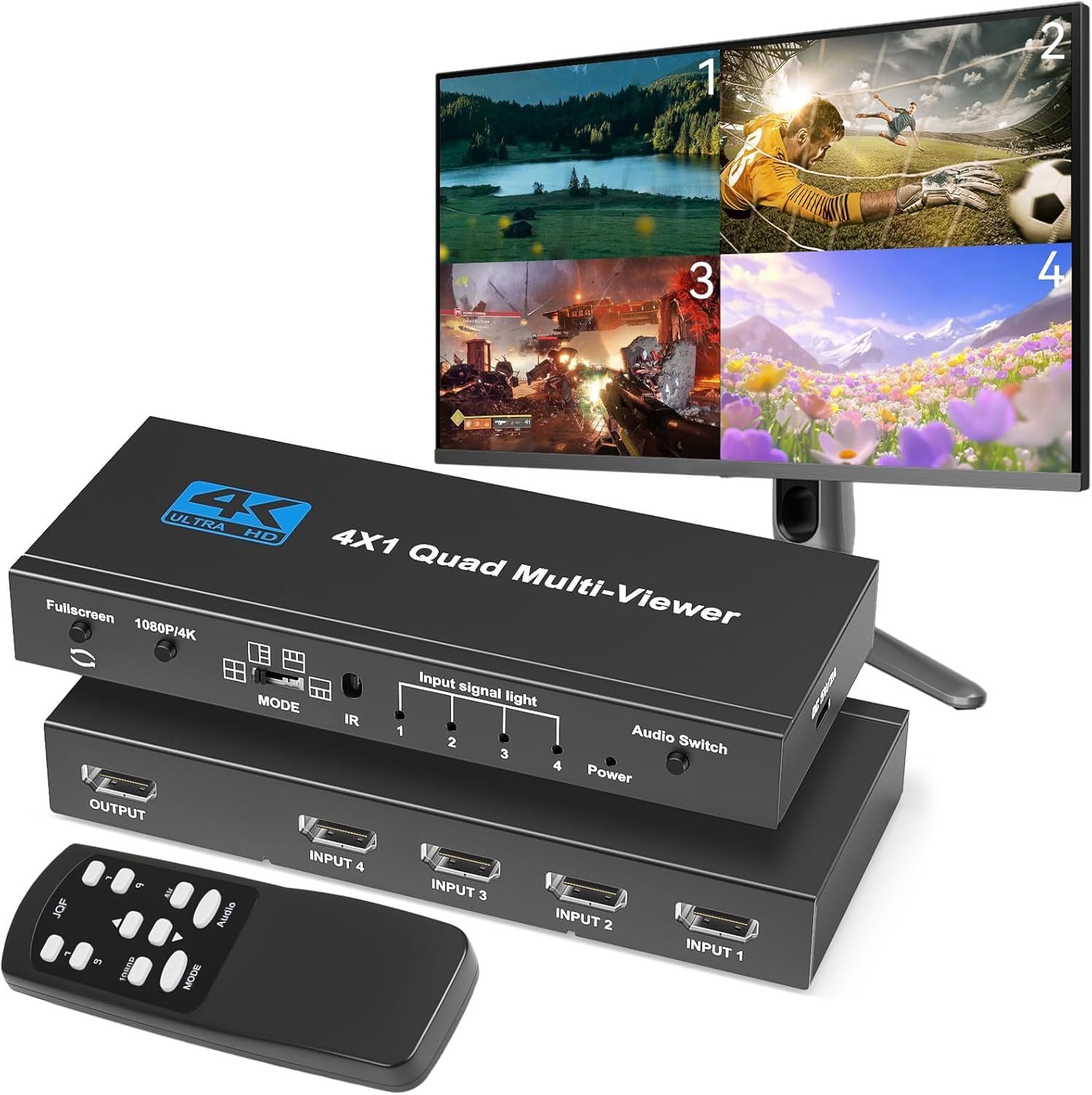 Commutateur HDMI Multiviewer 4x1 4K sans couture, 4 en 1, télécommande infrarouge, support 4K Full HD et 5 modes d'affichage pour consoles de jeu, caméra de sécurité, PS4, PC