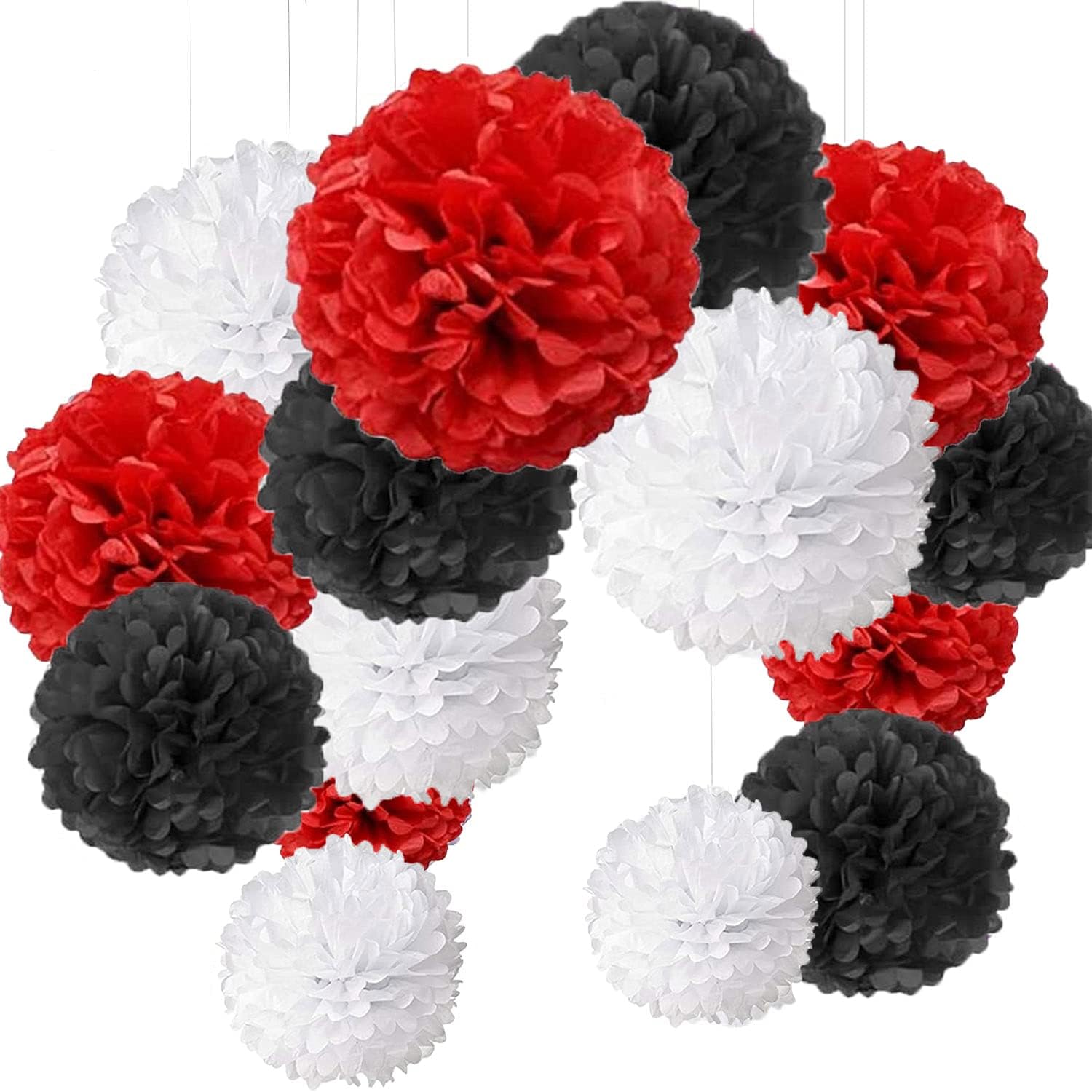 15 pcs Pom pom Decorations Tissue Pom Poms Paper Flower Ball for Wedding Festival Party for a Photo Wall Black Red White (30.5 cm / 25 cm / 20 cm).