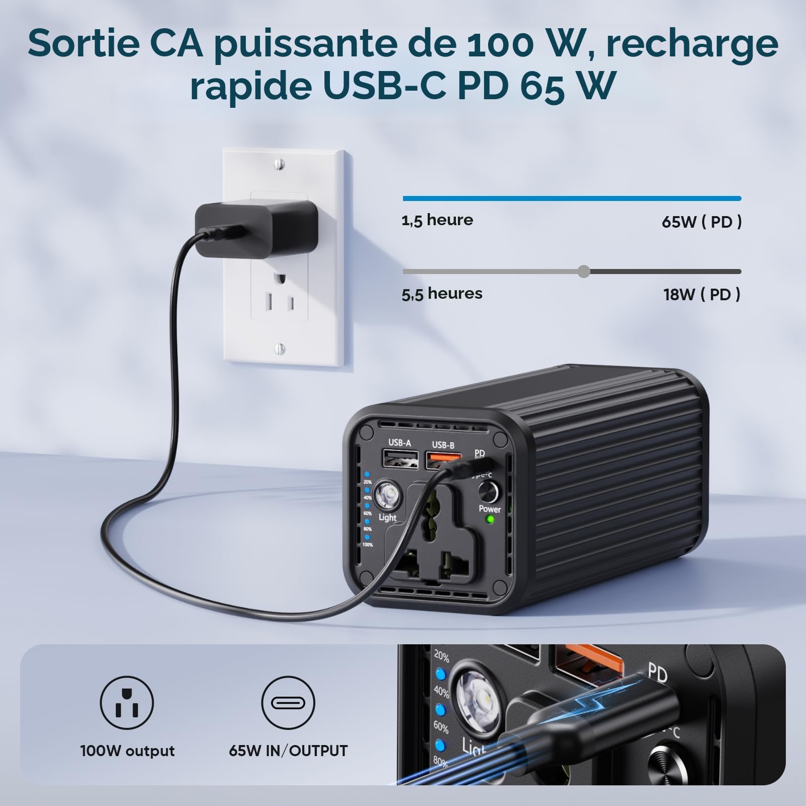 Power Bank 27000 mAh 98 Wh Batterie externe avec prise AC 100 W Chargeur portable avec PD 65 W Chargeur de voyage universel pour ordinateur portable, MacBook, tablette, téléphone portable, extérieur