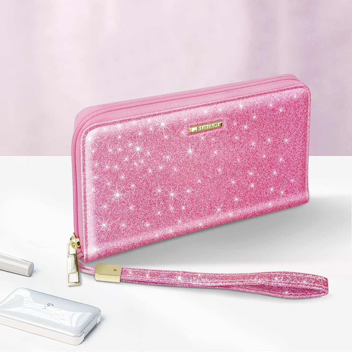 Large Capacity Wallets for Women RFID Blocking Leather Zip Around Phone Purse Ladies Travel Credit Card Clutch with Wristlet, Glitter Peach - Image 7