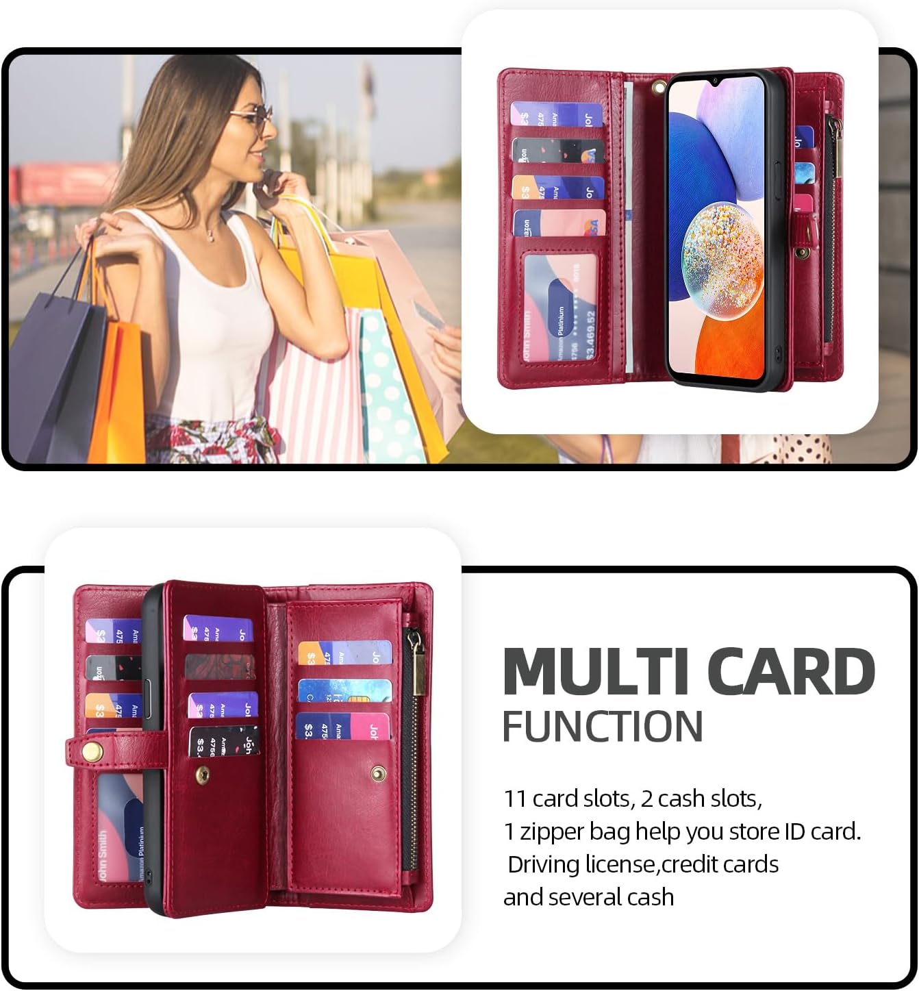 Asuwish Phone Case for Samsung Galaxy A14/M14 5G Zipper Wallet Detachable Cover with Screen Protector and Card Holder Slot Wrist Strap Cell Accessories Protective A 14 4G 14A 14M G5 SM Women Men Red