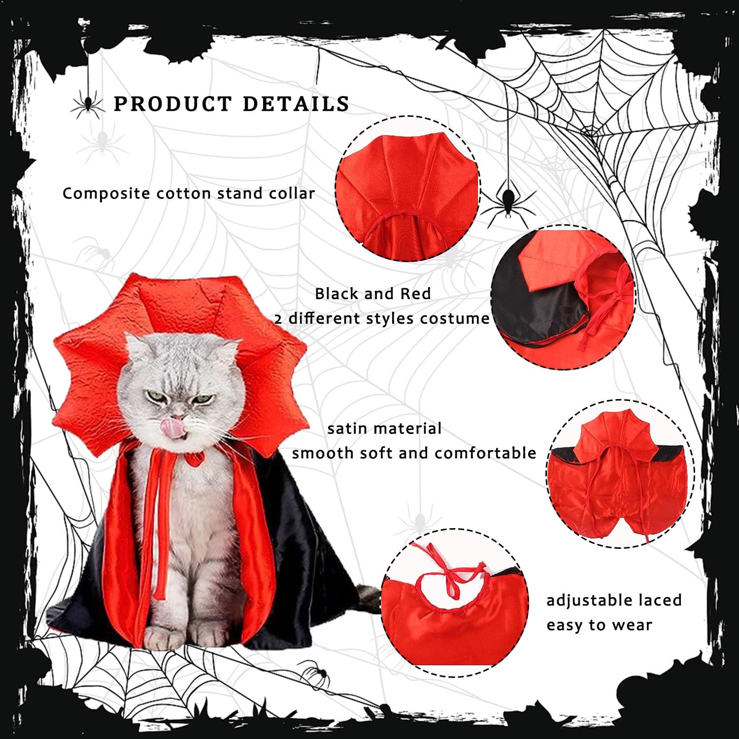 Vampir-Umhang Für Hund & Katze – Halloween-Kostüm Mit Verstellbarem Gummiband, Rot-schwarz, Satin
