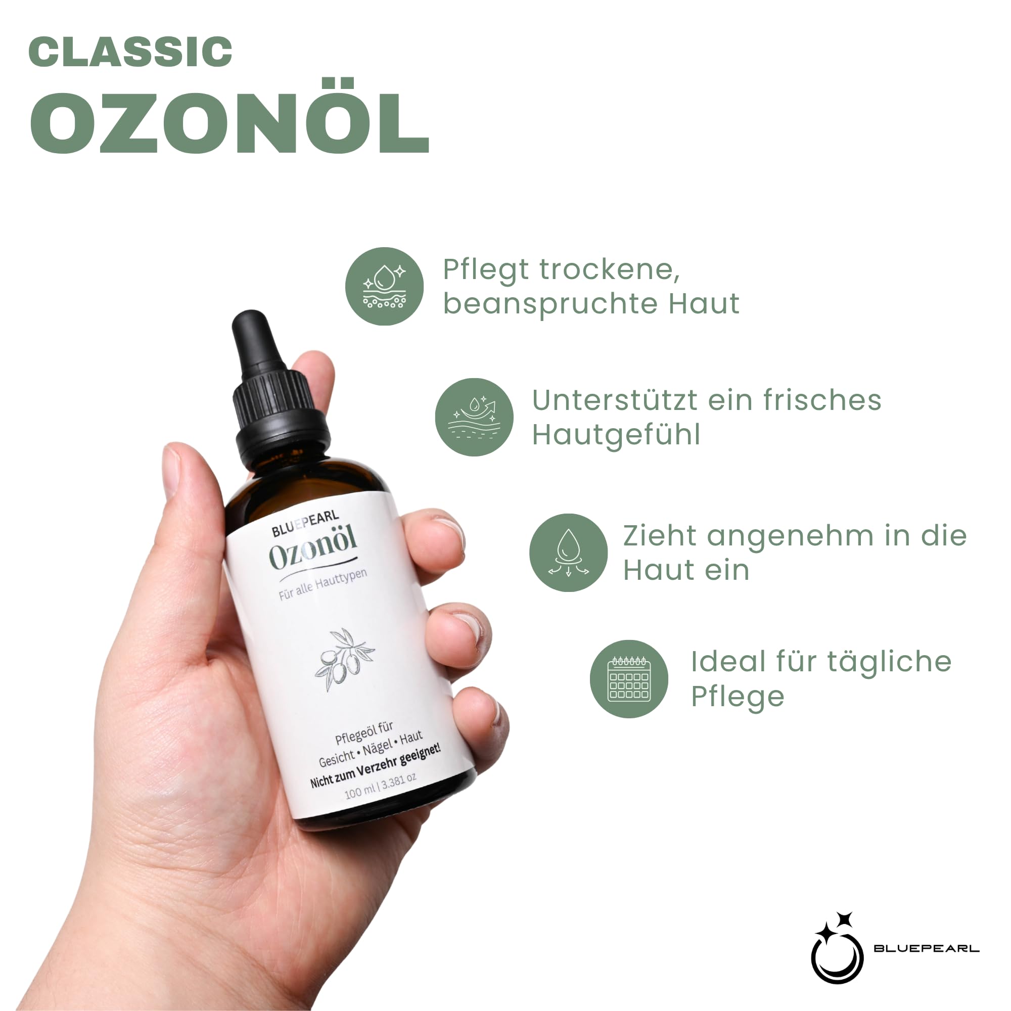 Huile d'ozone 100 ml – Huile d'olive naturelle avec ozone | Fabriquée en Autriche | Contre l'acné, les imperfections, les infections fongiques, les piqûres d'insectes | Remplie à la main et ozonisée