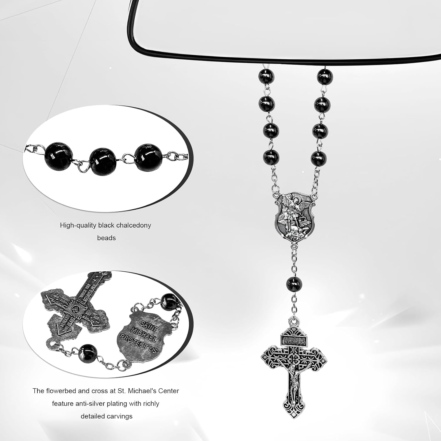 Saint Michael Evil Protection One Decade Catholic Rosary, Terra Jerusalem Medal Car Hanging Ornament with Crucifix, Christian Rosary Rearview Mirror Decoration for Most Vehicles