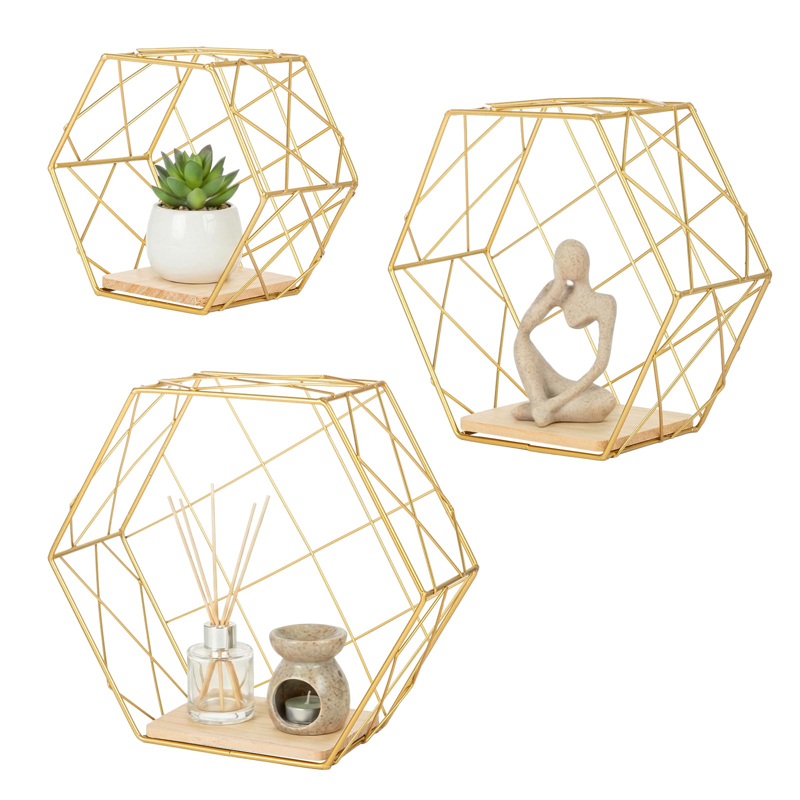 SUNNYNEST Hexagon Wall Shelves Set of 3, Metal Wire Floating Shelves with Wood Base, Geometric Hanging Storage Shelves for Living Room Bedroom Office, Easy to Install