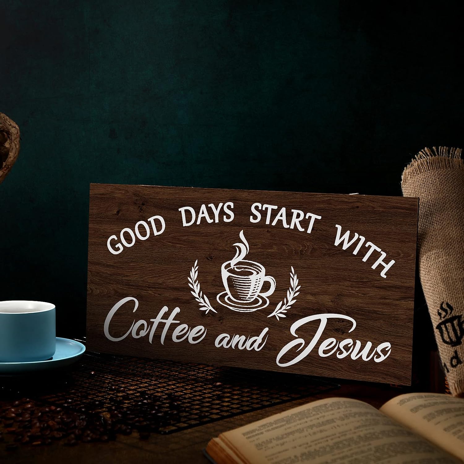 Jetec Good Days Start with Coffee and Jesus Sign Coffee Station Wall Decor Farmhouse Vintage Kitchen Plaque Rustic Coffee Wall Decor for Home Office Coffee Bar (Brown)