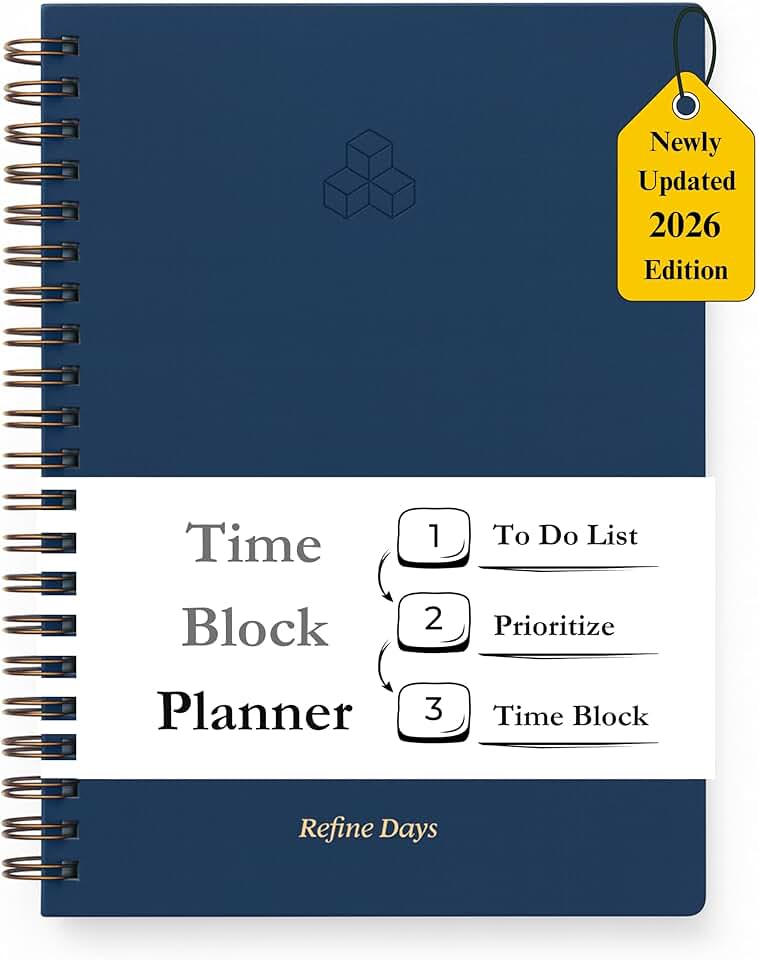 Undated Daily Planner - Time Blocking Planner &amp; ADHD Planner. To Do List, Hourly Schedule, Daily and Monthly Agenda. Time Management &amp; Productivity Planner. Spiral Hardcover Notebook. A4.