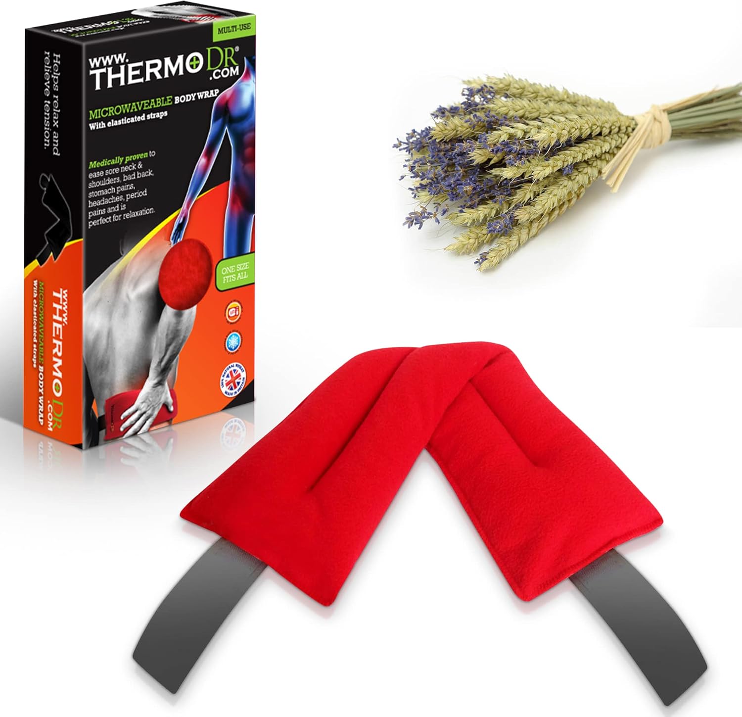 ThermoDR Envoltura corporal para microondas – 100% natural para aliviar el dolor – Envoltura térmica multiusos duradera y resistente – Bolsas de trigo ergonómicas para microondas con correas elásticas