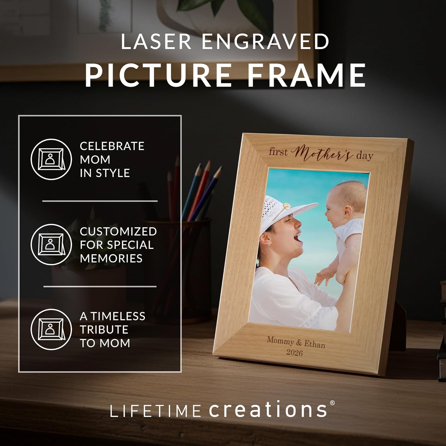 Lifetime Creations Personalized First Mother's Day Picture Frame: New Mom Gifts, Engraved in USA Custom Hardwood Photo Frame, First Time Mom Gift, Mothers Day 2025 (4x6 Inch Portrait)