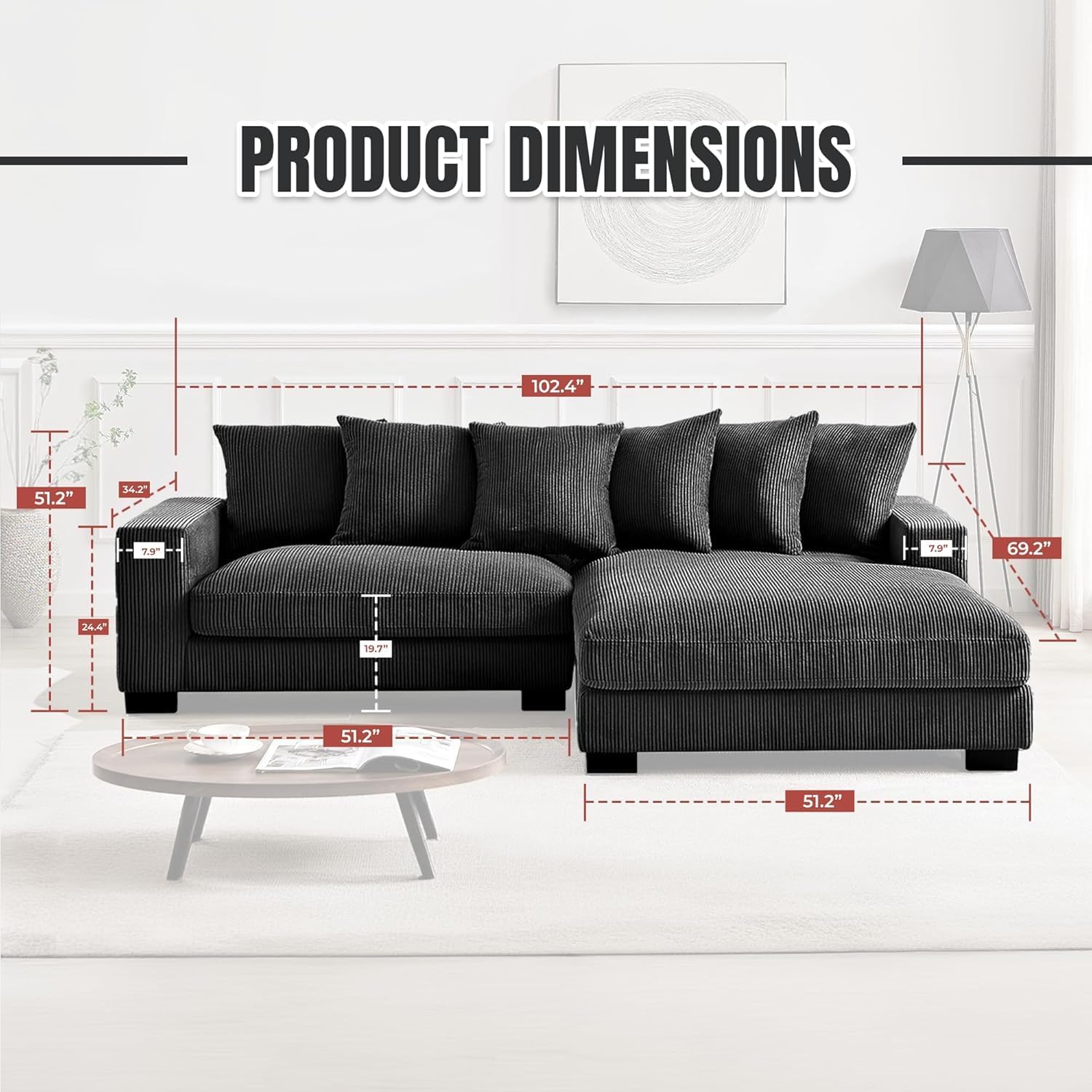 Container Furniture Direct Elegance Grand L-Shaped Sectional Sofa with Chaise, Plush Corduroy Upholstery, 102.4" Luxury Couch for Living Room, Black - Right Facing