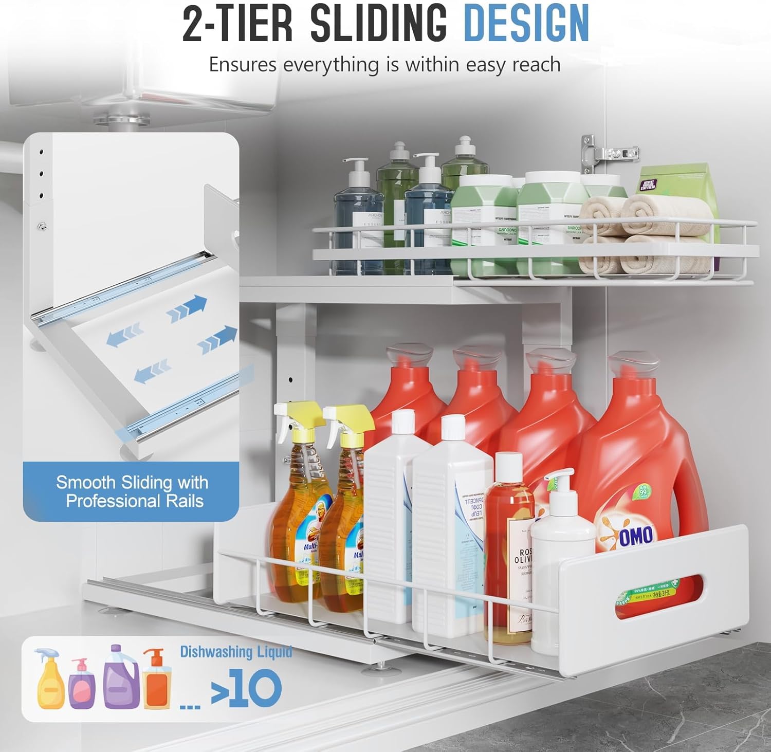 Under Sink Organizer Upgrade To Professional Rails,2-Tier Dual Pull Out Cabinet Storage,Height Adjustable Slide Out Drawers For Bathroom Kitchen,2 Pack-14.5"Dx12.8"-16.9"H,White - Image 5