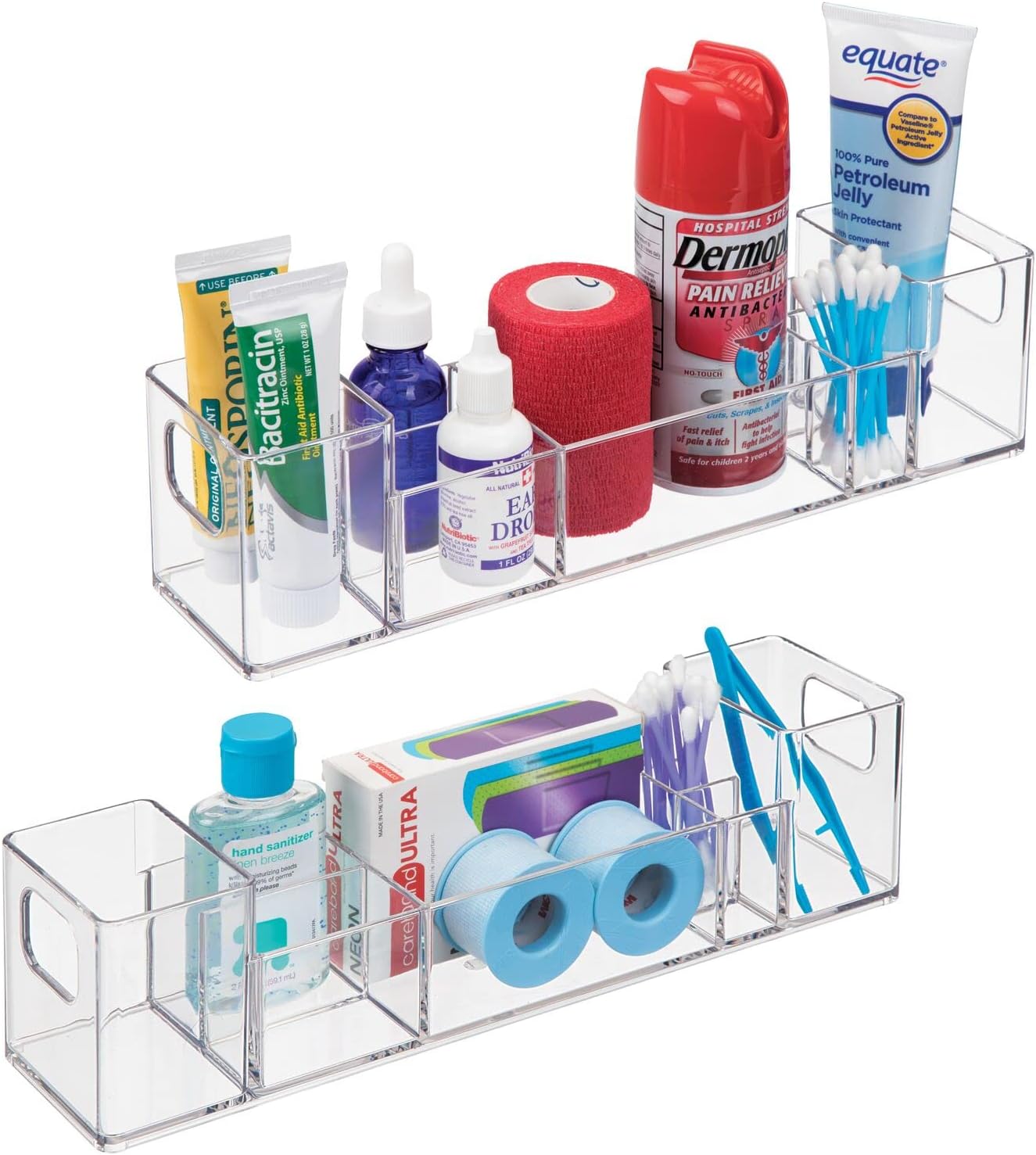 mDesign Plastic Bathroom Medicine Cabinet Organizer with Handles - Divided Vanity Storage Holder/Container for Cotton Swabs, Makeup, Bathroom Essentials/Toiletries, Lumiere Collection, 2 Pack - Clear