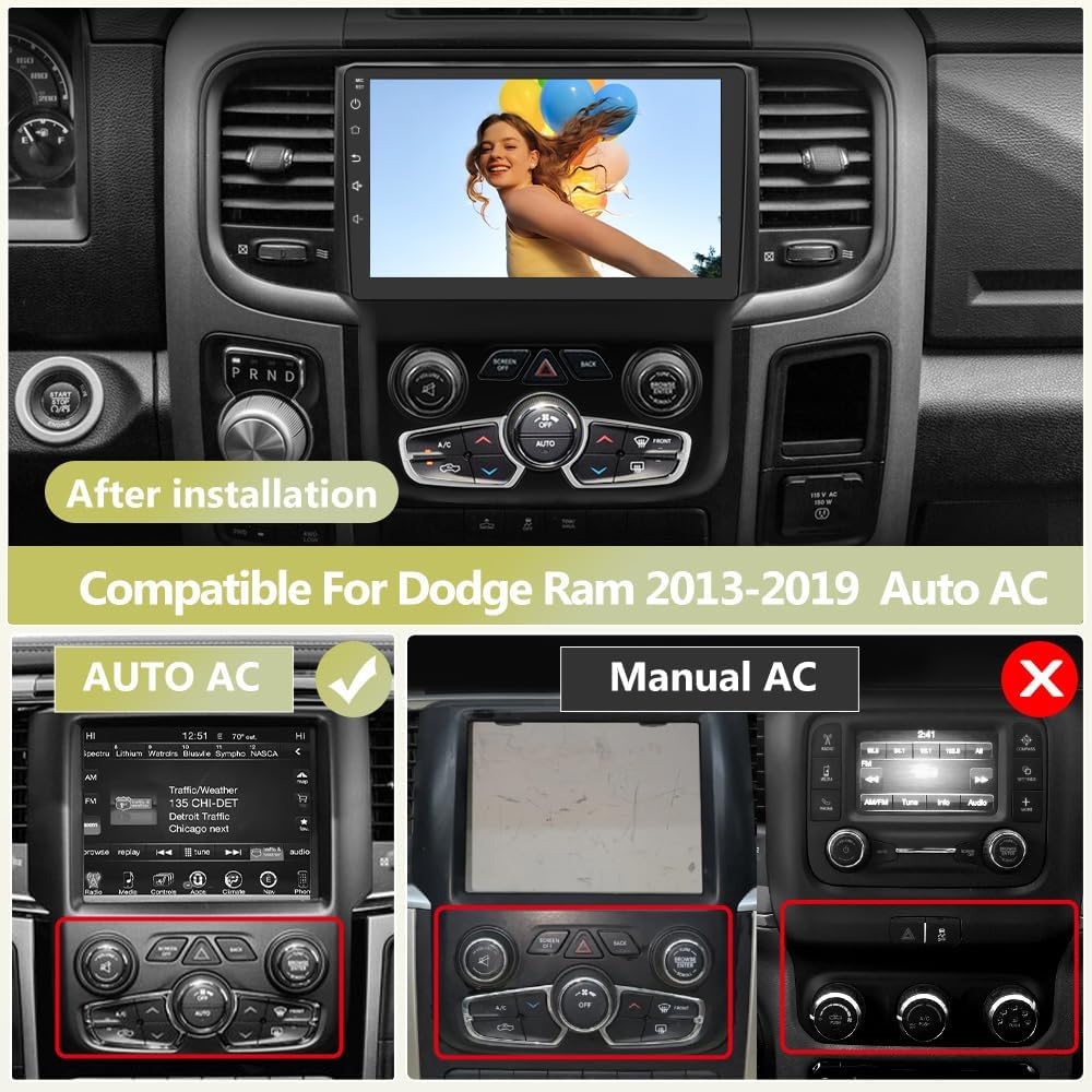 Android Radio for Dodge RAM 2013-2019 Automatic Transmission, with 9 inch Touchscreen, 8 Core UPC, 4GB RAM+64GB ROM, Support Carplay, Android Auto, SWC, WiFi, Bluetooth, FM AM RDS Radio
