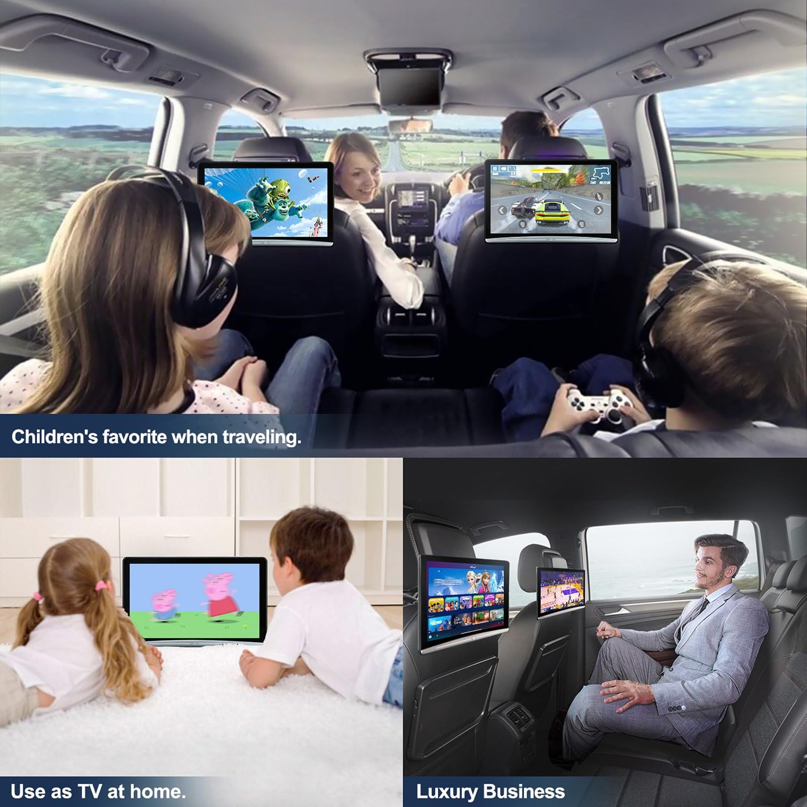 Moniteur D'appuie-tête Voiture, 3+32G/Android 14.0, Mise En Miroir Sans Fil, Écran Tactile IPS 8K Amélioré, Moniteur D'appuie-tête TV Pour Siège Arrière Avec Wi-Fi/Bluetooth/HDMI/USB/TF(14'')