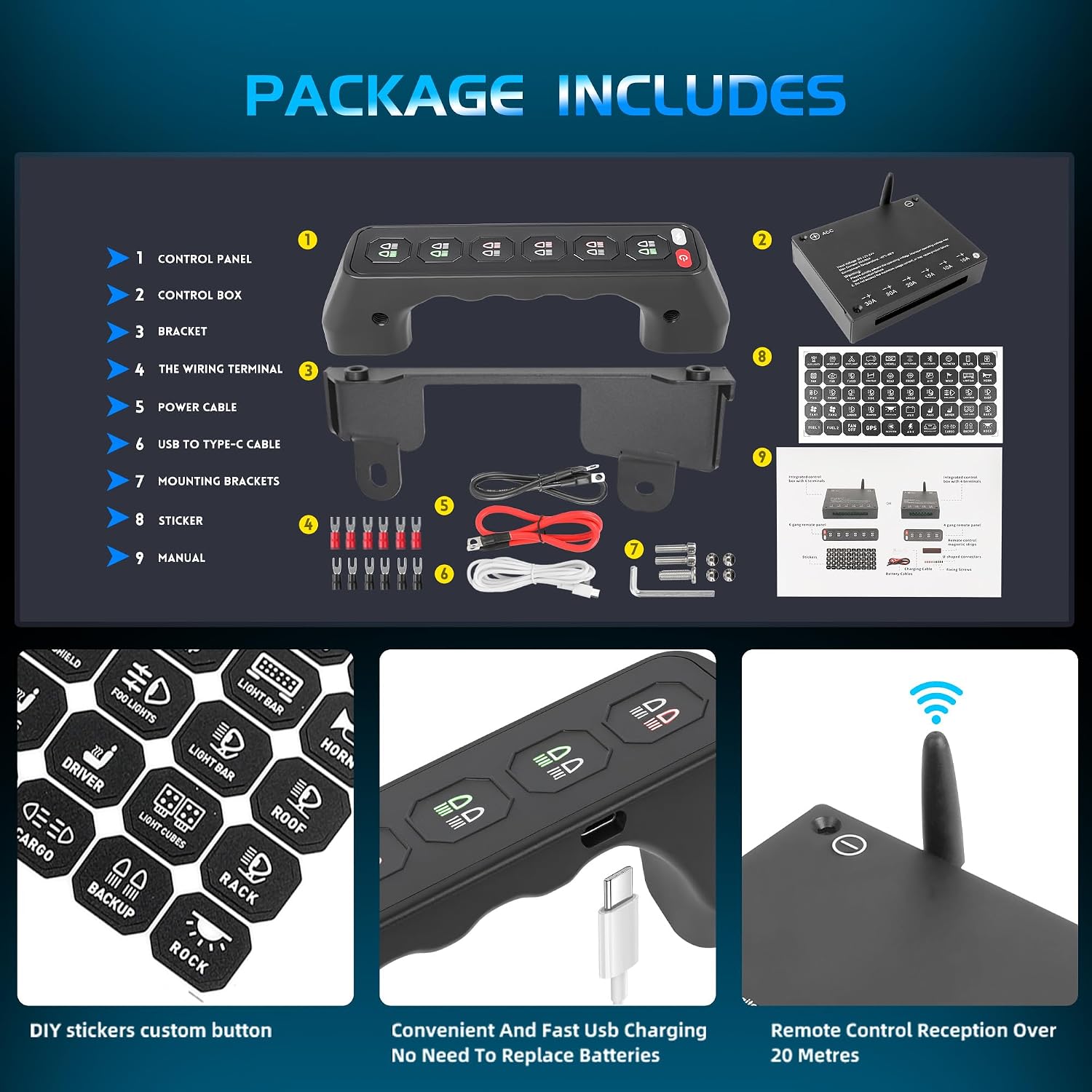 Grab Handle 6 Gang Wireless Switch Panel Fit for 2006-2013 FJ Cruiser w/Acc Control Line Multifunction Built in Solid State Relay Switch Panel Strobe Light Control Type-C Charging
