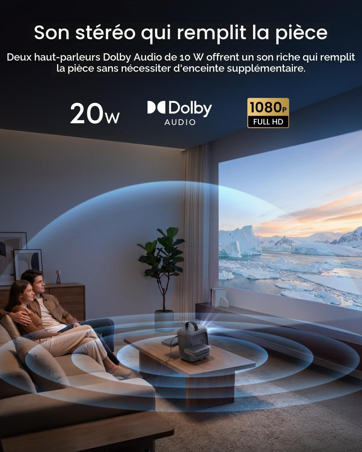 soundcore Nebula P1i Projecteur intelligent avec WiFi et Bluetooth, haut-parleurs pivotants, audio Dolby 2.0, 380 ANSI lumens, Full HD 1080p, lentilles entièrement en verre, double stéréo 10 W, GTV