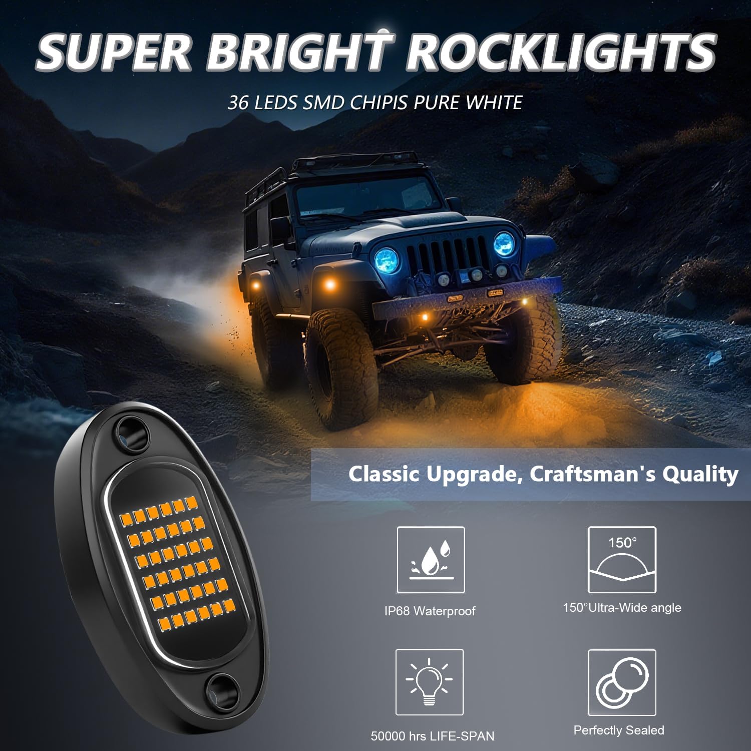 Rock Lights Ultra Bright LED Neon Underglow Lights Waterproof for Trucks Pickup SUV UTV ATV RZR Car Boats Motorcycle (Yellow, 8 Pods)