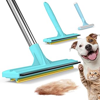 3-in-1 Carpet Rake for Pet Hair Removal, Upgraded Rug Scraper with 61" Thickened Handle & 10" Handheld Grip, Dual-Metal Edge Dog Hair Remover for Carpet, Couch, Furniture & Car